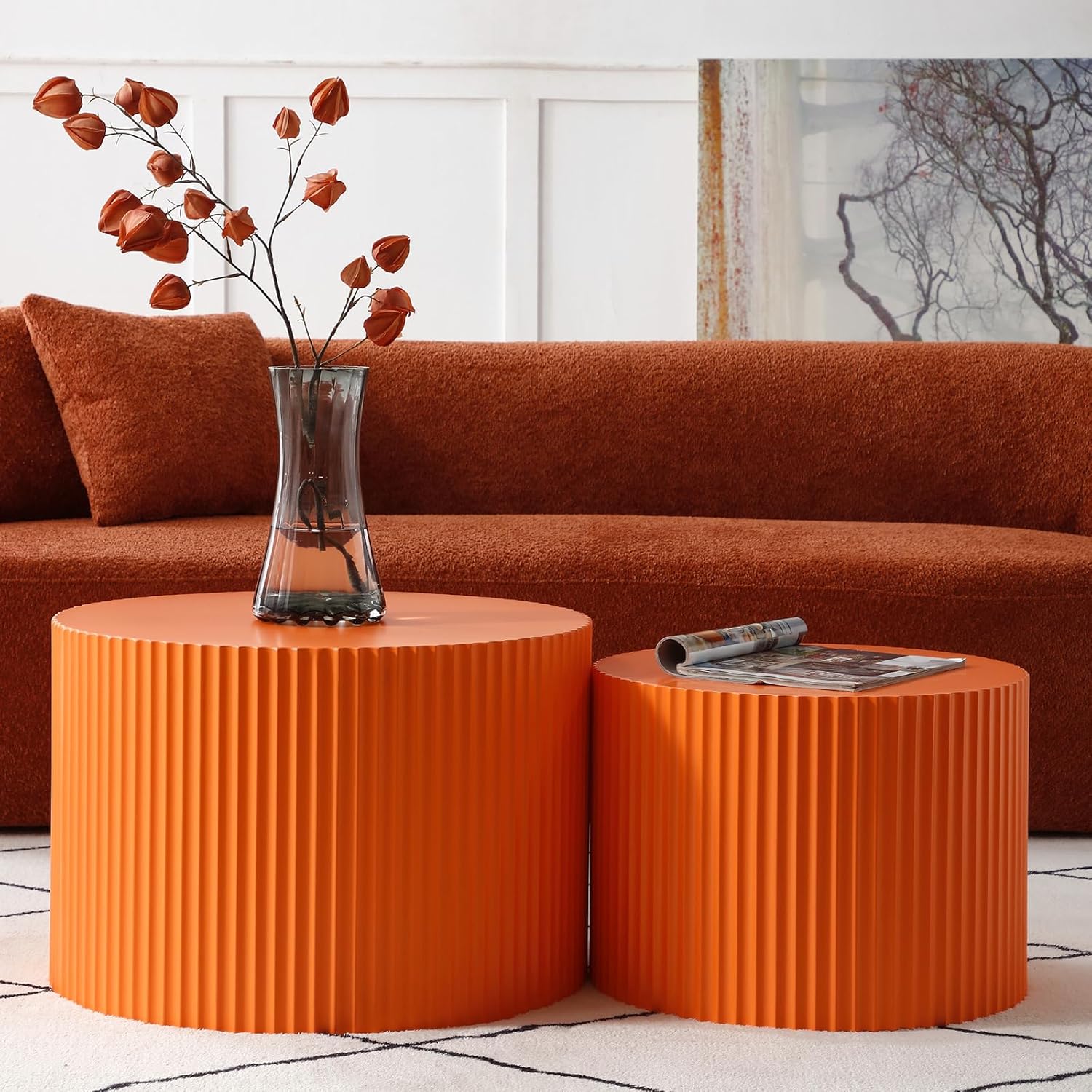 Nesting Round Coffee Table Set of 2, Modern Wood Drum Side Accent End Table Embossed Design Circular Coffee Table Set for Living Room Bedroom, Blue