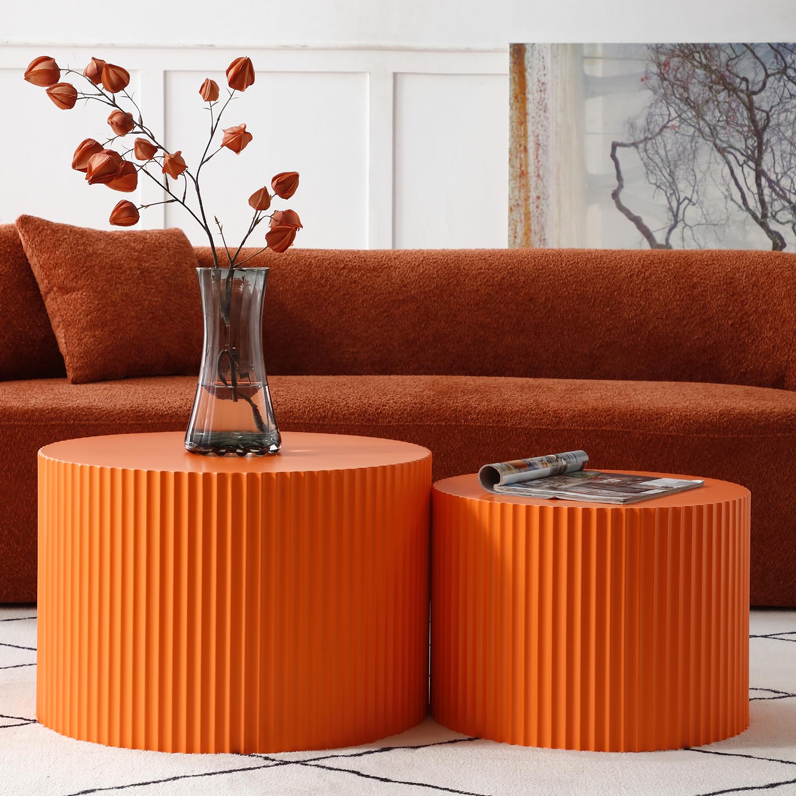 Round Coffee Table Set of 2, Modern Handcraft Nesting Table Wood Side Table Drum Accent End Table Embossed Design Circular Coffee Table Set for Living