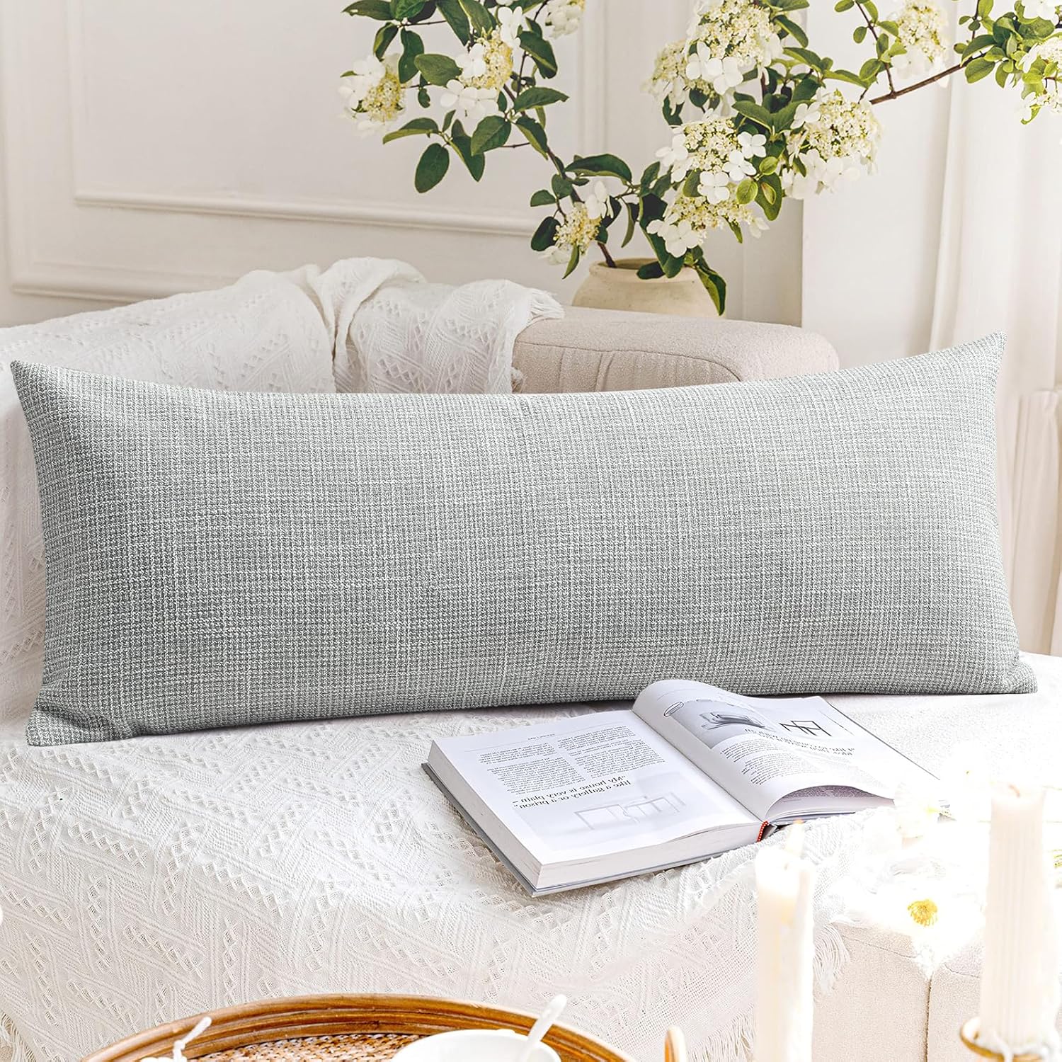 OTOSTAR Linen Throw Pillow Cover Set of 1 Decorative Long Lumbar Pillowcase Rectangle Cushion Cover 14x36 Inch for Home Decor Sofa Bedroom Car 35 x 90CM Light Grey