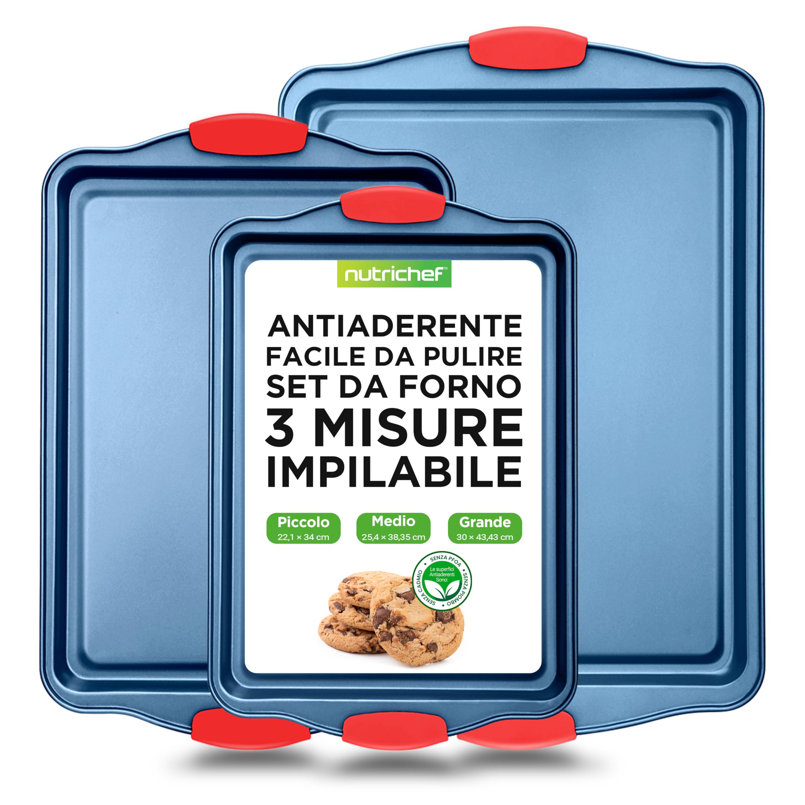 NutriChef Set 3 Teglie Forno Antiaderenti in Acciaio al Carbonio con Manici in Silicone, Teglie da Forno Grandi Medie e Piccole per Biscotti, Dolci, Pane, Blu