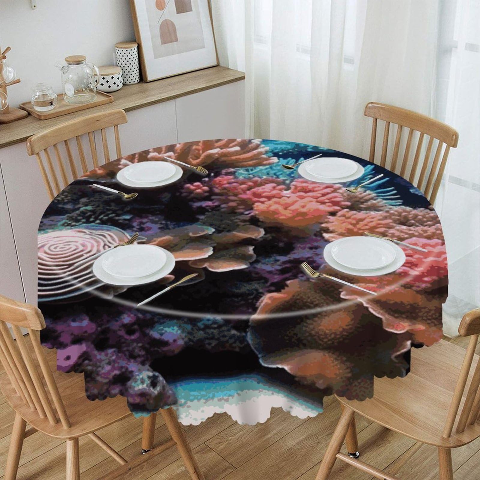 FekiLoot Underwater World Coral Round Tablecloth 60 Inch Waterproof Heavy Duty Table Cloth Spillproof Washable Table Cover Wrinkle Resistant Tablecloths Decorative Table Cloths