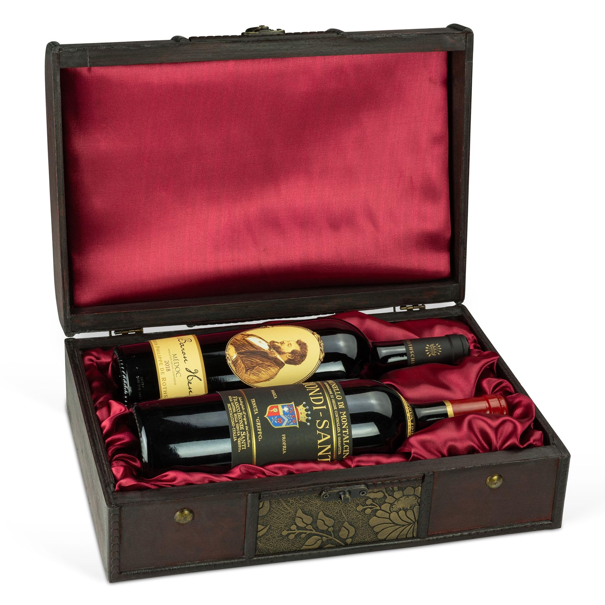 teure Rotweine im Vergleich - 1 x Biondi Santi 'Brunello di Montalcino' Riserva 1995 (0.75 l) 1x Baron Philippe de Rothschild 'Baron Henri' A.O.C. Medoc 2018 (0.75 l) in edler Vintage-Holzbox