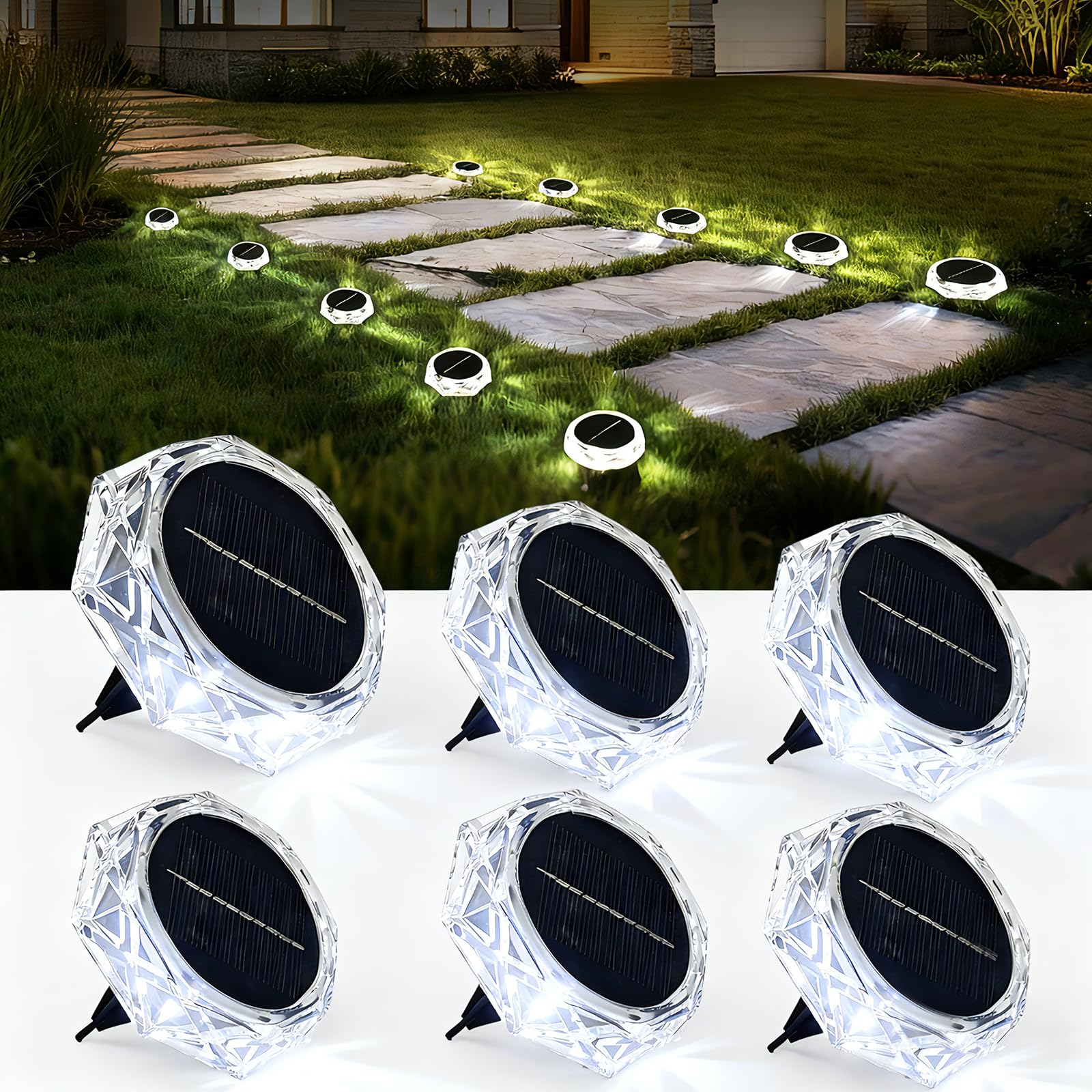 Solar Ground Lights Outdoor, 6 Pack Solar Garden Lights IP65 Waterproof, 8 Bright LEDs Decking Lighting with 600mAh Battery for Garden Lawn Patio Yard Landscape (Cool White)