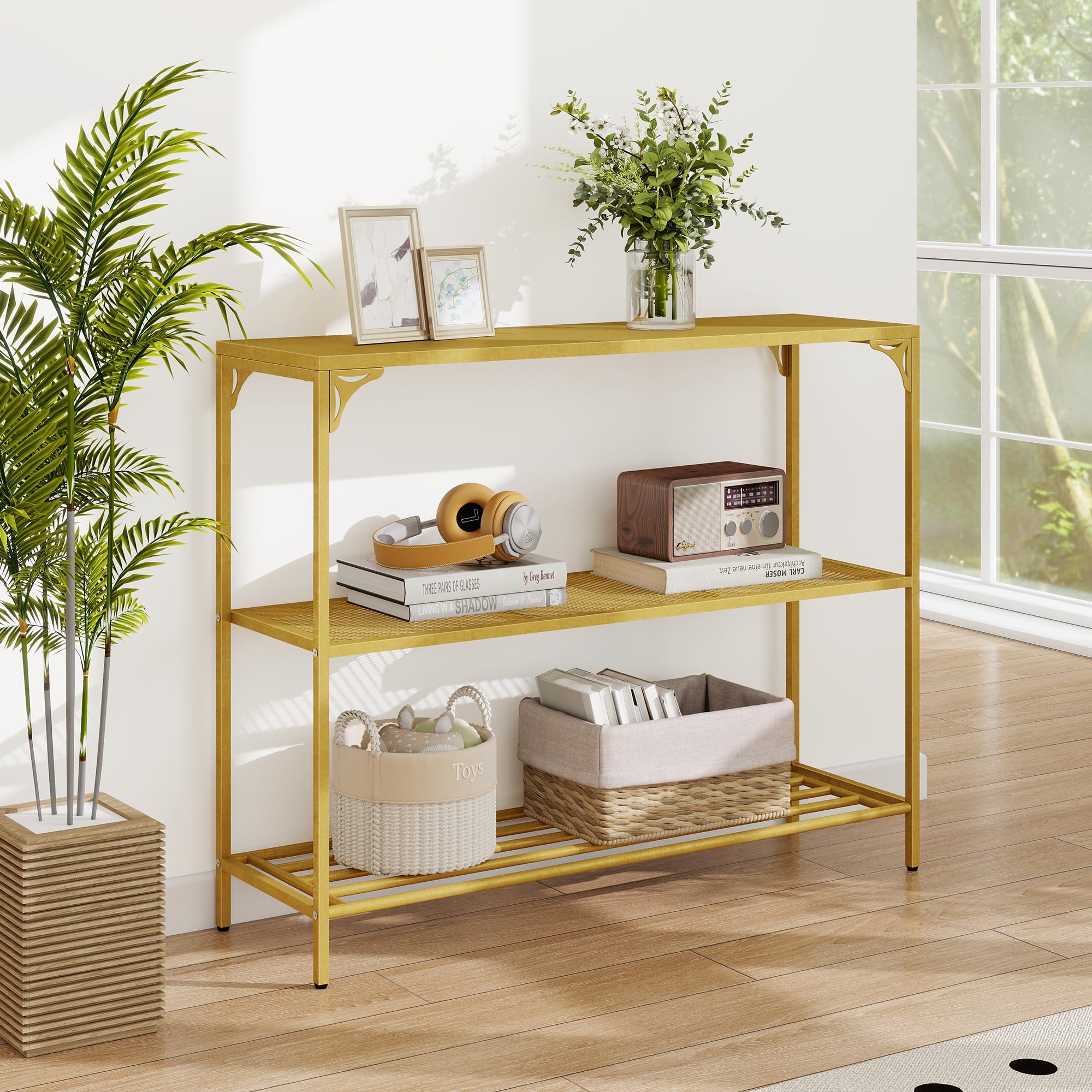 HDANI Schmaler Konsolentisch, 100 x 30 x 80 cm, Goldfarben | 2 Regale aus Netz, Metall-Beistelltisch, Für Wohnzimmer, Flur, Schlafzimmer und Büro