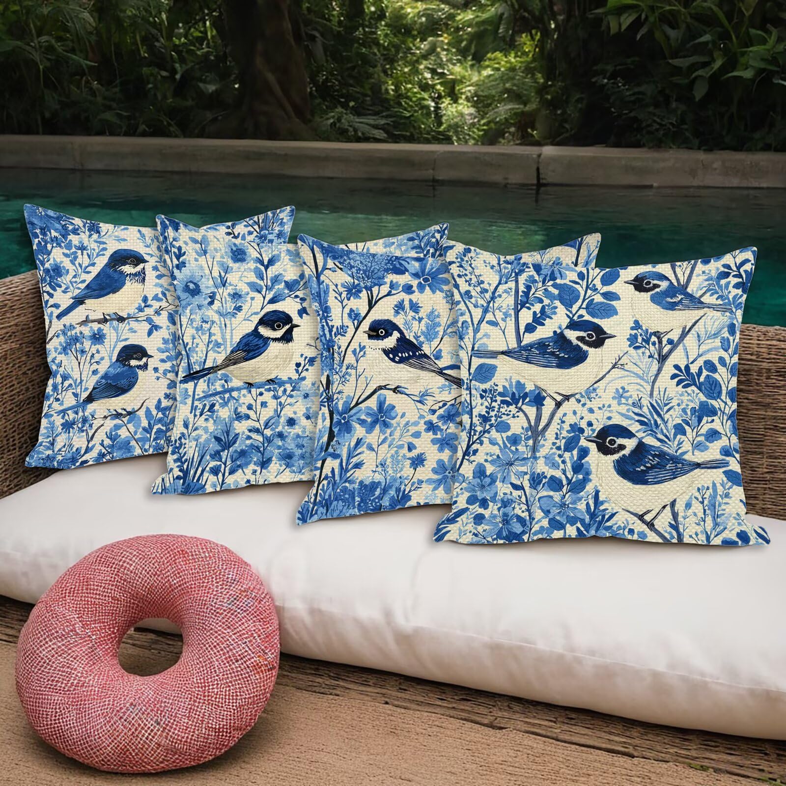 Juego de 4 Funda de Cojín Exterior Impermeable, 55x55 cm Fundas Cojínes Pájaro de Lino, Exterior Impermeable Lino Cojín Azules Decorativo, Fundas de Almohada para Patio Balcón Jardín Sofá Oficina U-69