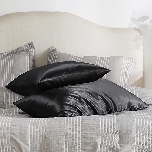 Miniatura 7 de Bedsure Funda de almohada de satén para el cabello, fundas de almohada de satén, tamaño queen con cremallera, 20 x 30 pulgadas, paquete de 2, negro