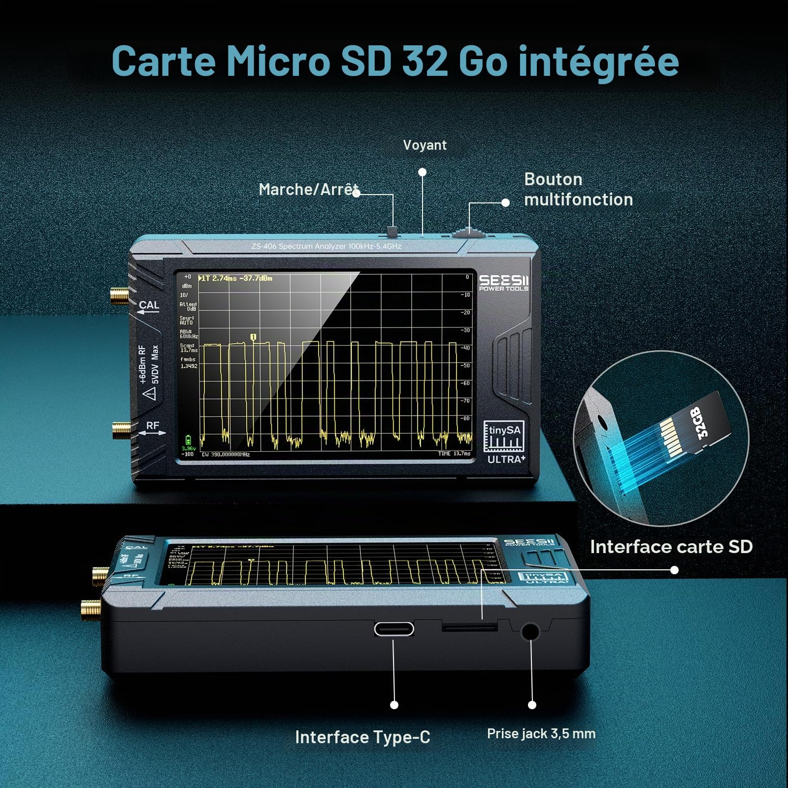 SEESII TinySA Ultra+ ZS406, Analyseur de Spectre 4,0 pouces, 100kHz-5,4GHz, Analyseur Portable avec Carte 32Go, Générateur de Signaux 2-en-1, Entrée MF/HF/VHF/UHF, V0.4.6.1, Version 2025
