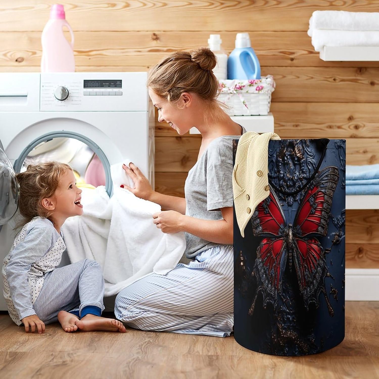 Red ButterflyLaundry Hamper - Large Dirty Clothes Bag.Storage Basket for Easy Carry Handles. Large Clothes Basket with Handles, Clothing Storage Bucket Toy Organizer for Bathroom Bedroom Dorm.