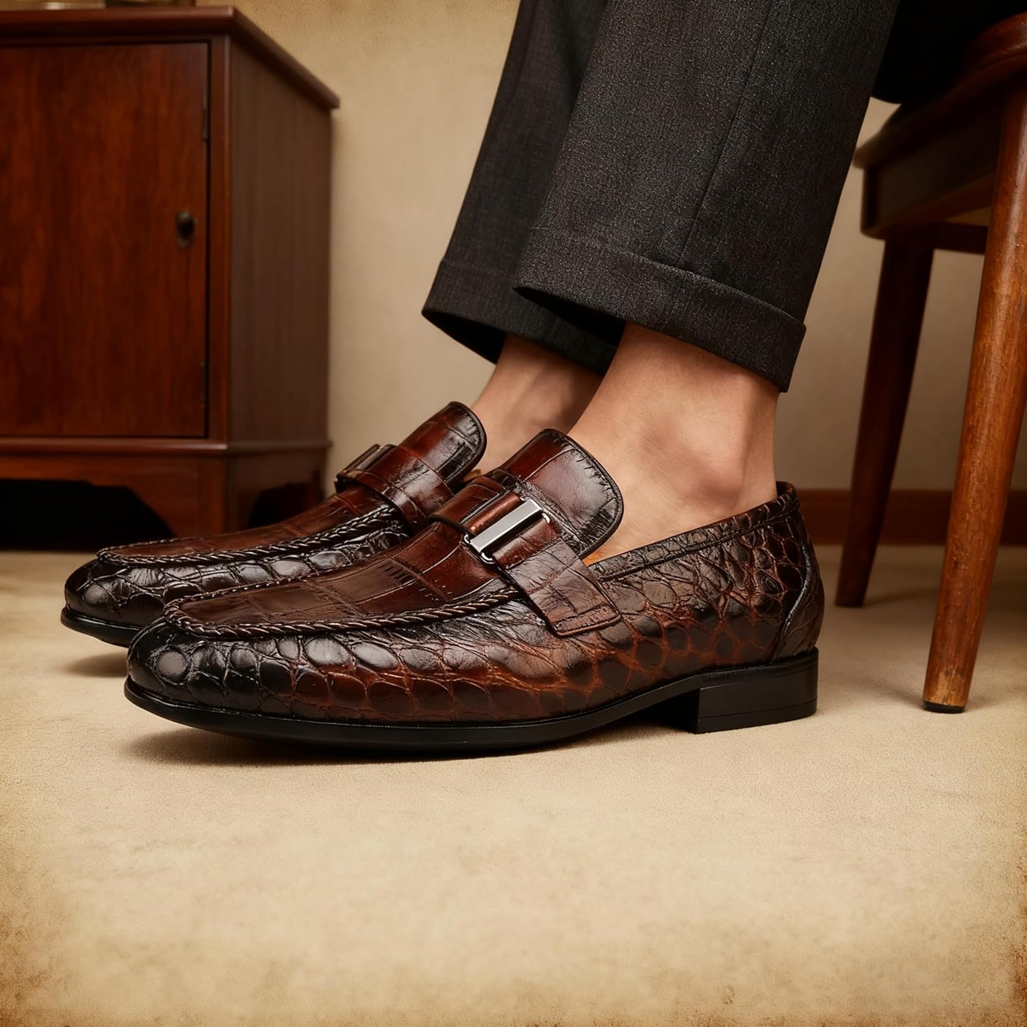 Men's Genuine Leather Dress Loafers, Slip-On Crocodile Print Business Shoes with Comfort Cushion for Wedding & Formal Events - Image 2
