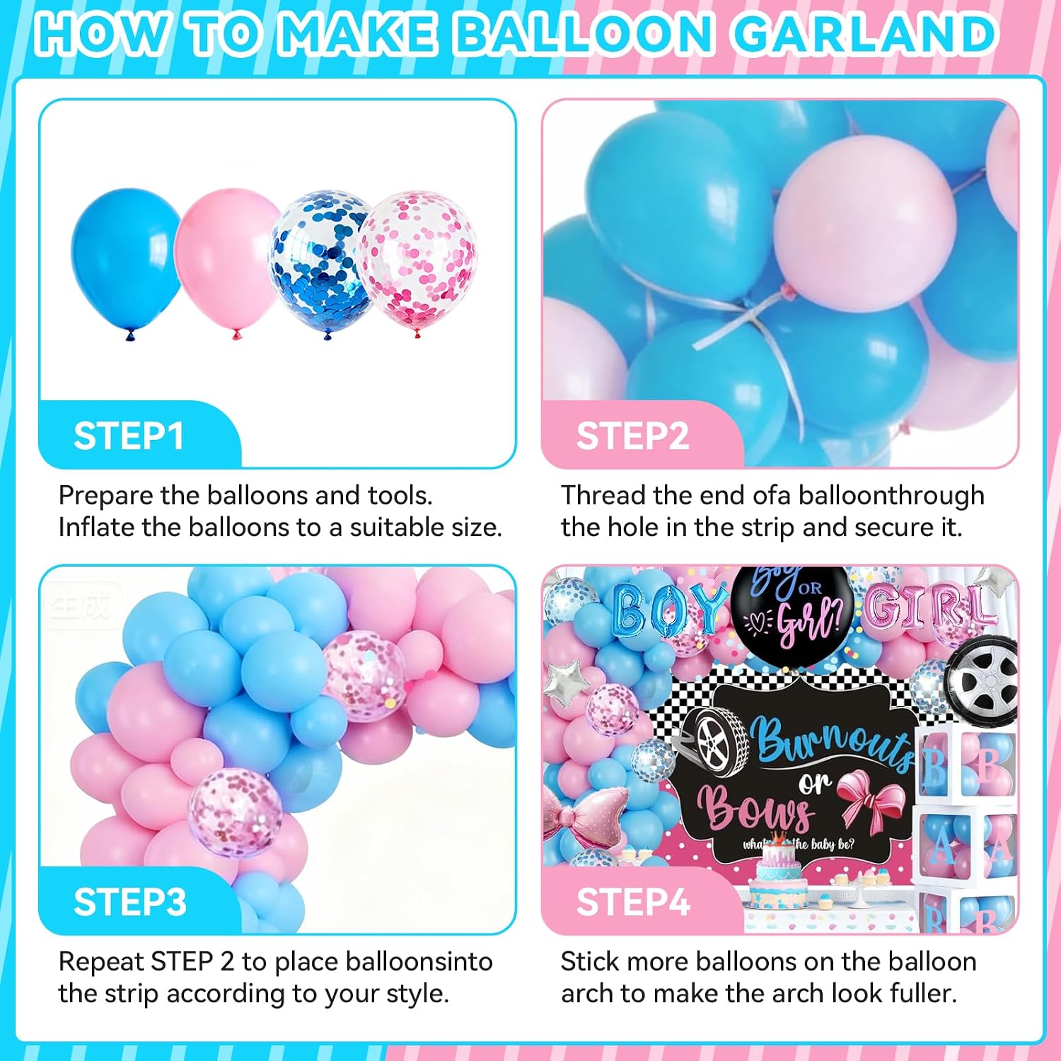 Burnouts or Bows Gender Reveal Decorations, Baby Boy or Girl Gender Reveal Party Decorations, What Will the Baby Be Backdrop Balloon Banner Tablecloth Cake Cupcake Topper Box Sash Pink Blue