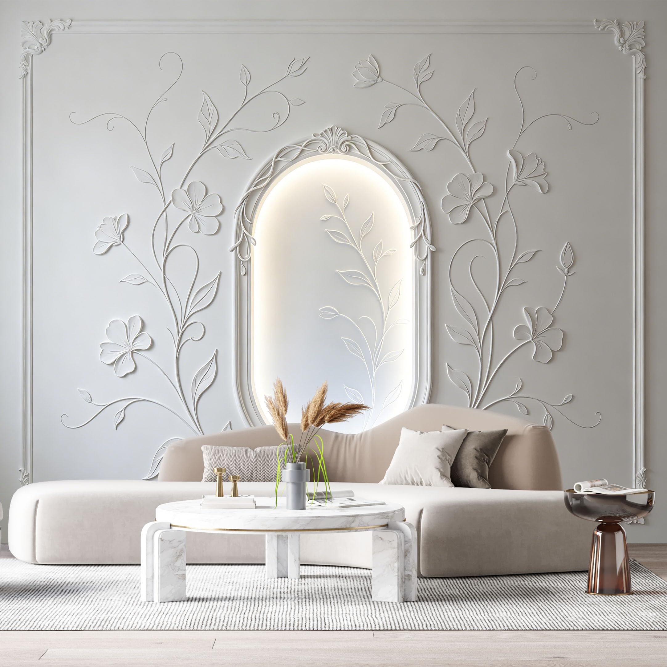 Custom Size Wall Murals Neoclassical Botanical Monochrome Floral Scrollwork 3D Trompe L'Oeil SelfAdhesiveWall Fabric Removable Wallpaper Wall Decor for Living Room Bedroom Bathroom