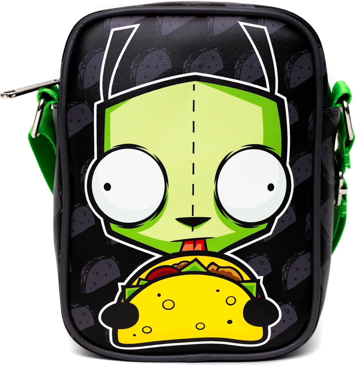 Nickelodeon Bag, Crossbody, Invader Zim GIR Taco Pose With Taco Print Black Gray, Vegan Leather