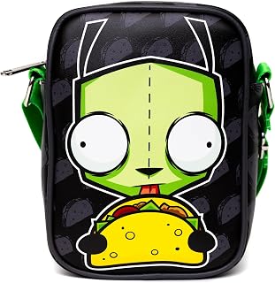 Nickelodeon Bag, Crossbody, Invader Zim GIR Taco Pose With Taco Print Black Gray, Vegan Leather