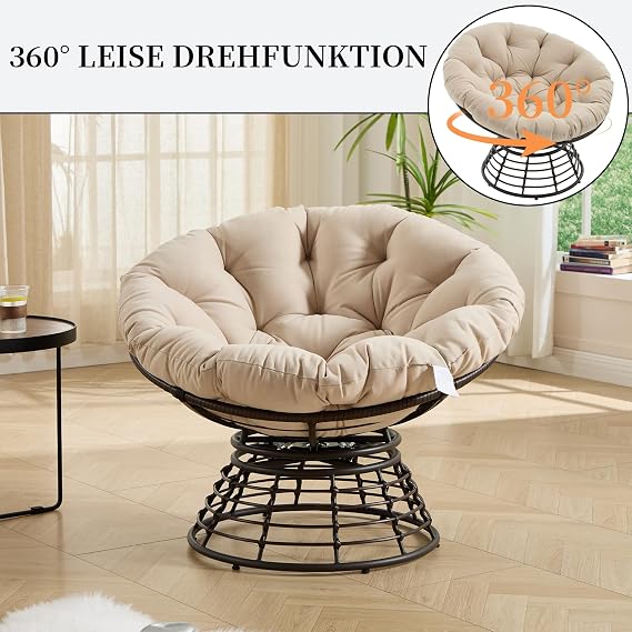 Papasan Swivel Chair with Steel Frame Recliner Chair with Soft Removable Cushion and Protective Padding Comfortable Lounge Chair for Living Room Bedroom and Balcony (Beige Polyester)