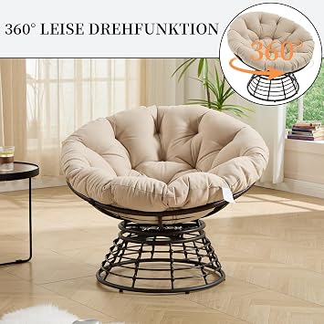 Papasan Swivel Chair with Steel Frame Recliner Chair with Soft Removable Cushion and Protective Padding Comfortable Lounge Chair for Living Room Bedroom and Balcony (Beige Polyester)