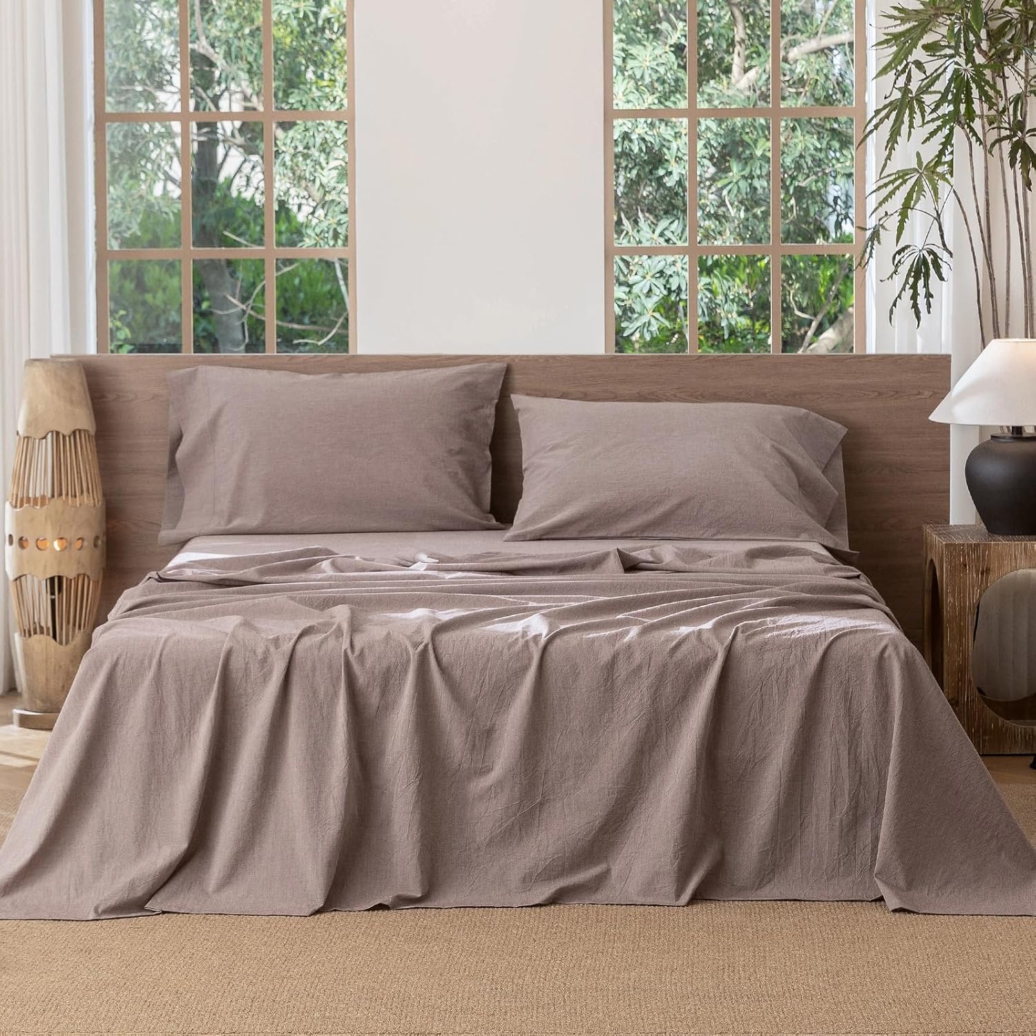 MooMee Flat Top Sheet Only 100% Washed Cotton Linen Like Textured Breathable Durable Soft Comfy (Mauve Brown, Queen)