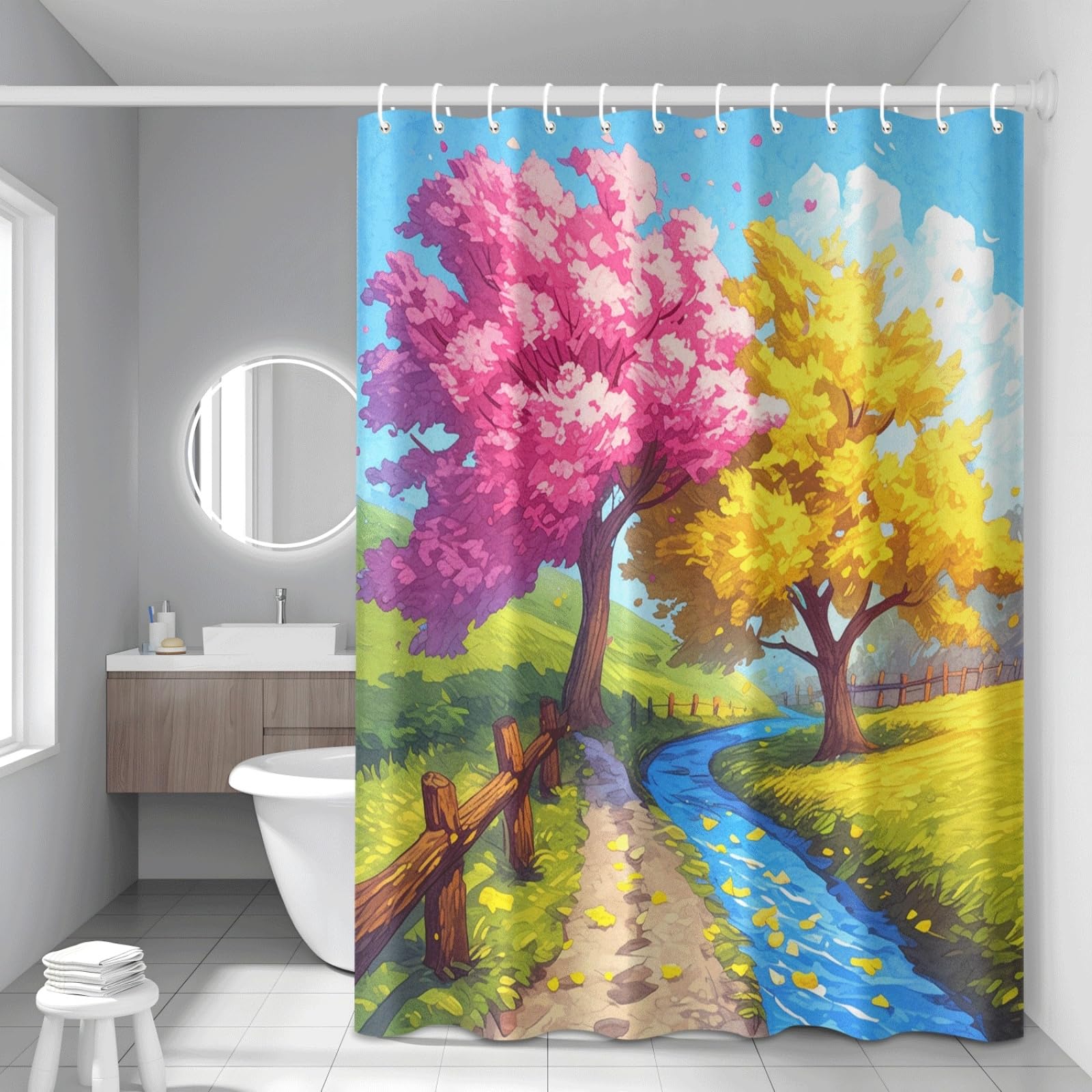 Tenda Doccia Alberi Gialli Rosa Tenda Doccia Antimuffa Impermeabile Poliestere Lavabile con 12 Ganci Facile da Installare Tende Finestra Bagno per Dormitorio Hotel(180x220cm)