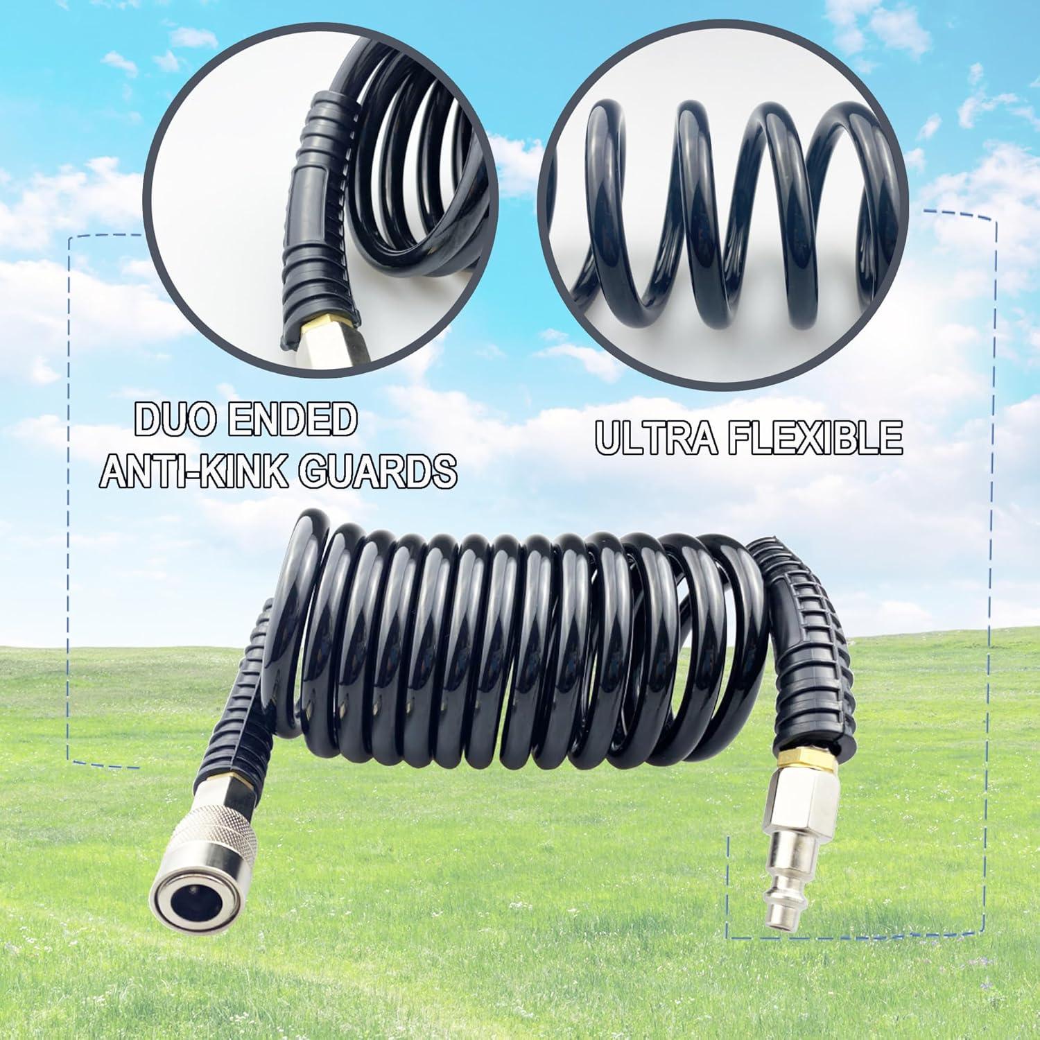 Darnassus Polyurethane Recoil Air Hose, Air Compressor Hose with 1/4" Swivel Fittings, for Industrial, Household, Garage, Station (10 FT, Black)