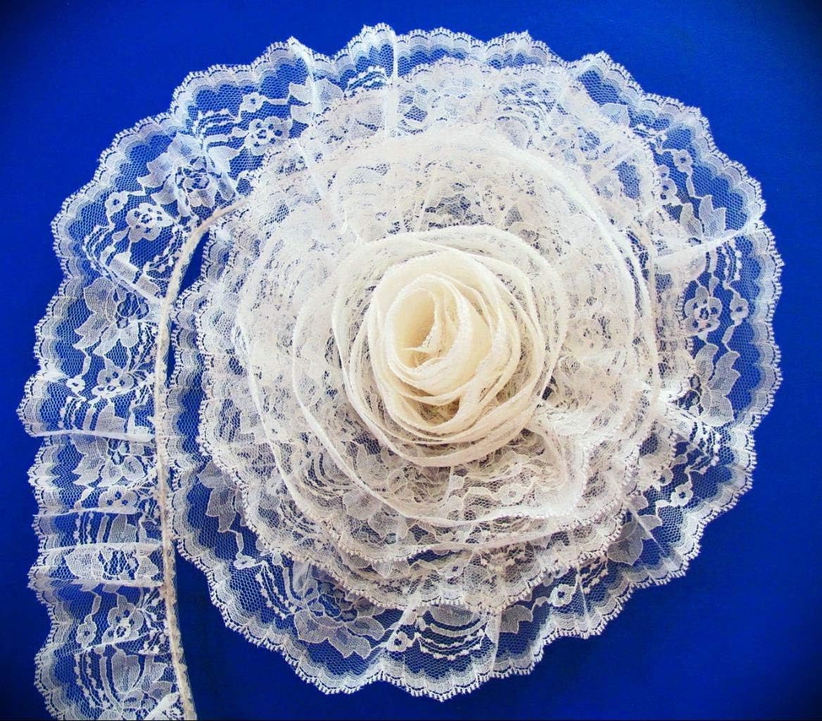 Ivory~3 Inch Wide Ruffled Floral Ribbon Lace Trim Embroidery Applique Fabric Grosgrain Delicate DIY Art Craft Supply for Scrapbooking Gift Wrapping ~by 5 Yards