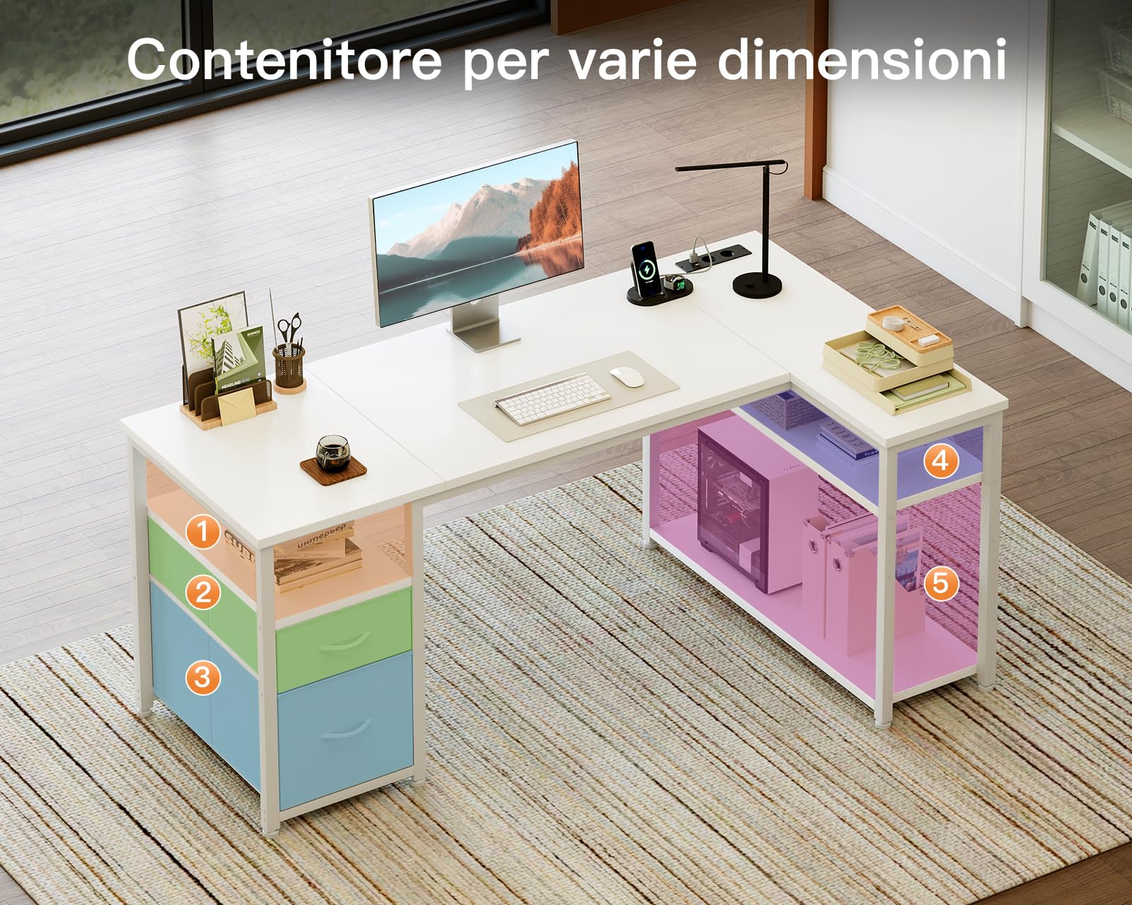Coleshome Scrivania Angolare con Cassetti, 140 x 80 cm Scrivania Salvaspazio, Scrivania per Computer con Presa di Corrente e Porta di Ricarica USB, Bianco