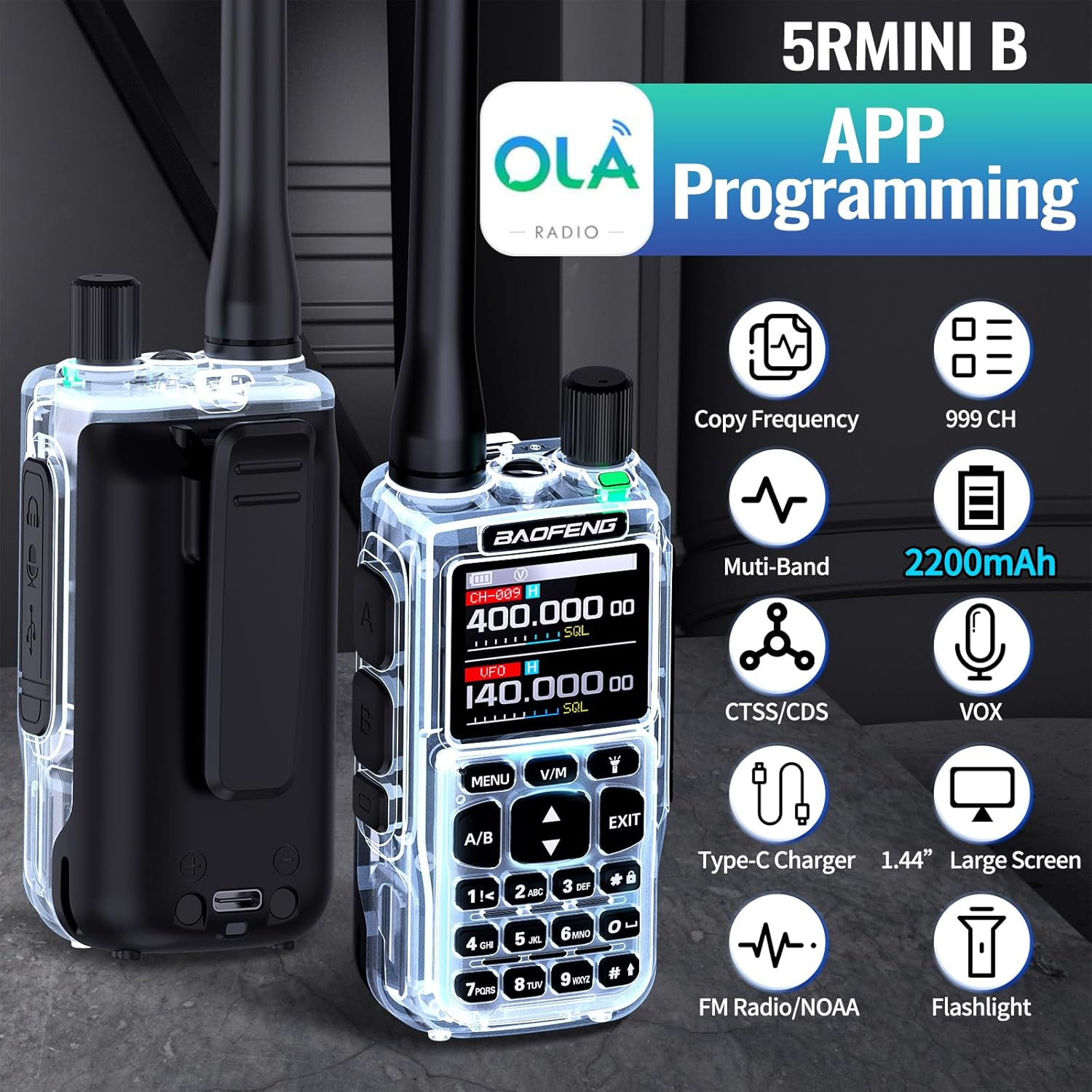 Baofeng UV-5R Mini Radio Ham Radio Handheld Two Way Radio Dual PTT NOAA Weather Radio Rechargeable Walkie Talkies Longe Range Copy Frequency MINI-5 2200mAh Battery USB-C Charger Survival Radio (2pack)