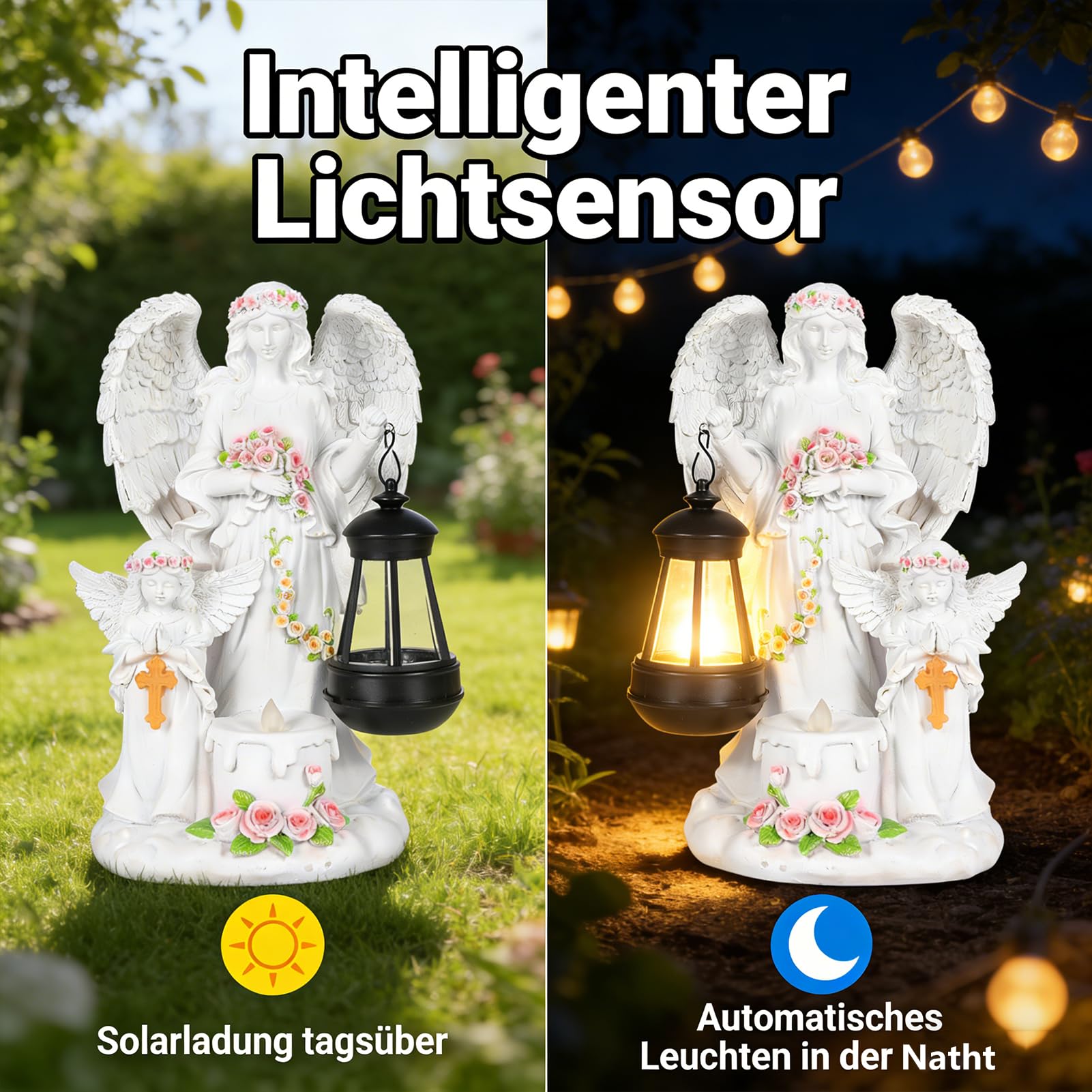 Solar Engel Gartenstatuen,Fairy Engel Figur mit LED Solar Laterne,Engel Skulptur Deko Rasen, Grabschmuck Wetterfest,Gartenstatue Geschenke für Friedhof Outdoor Gartendekoration