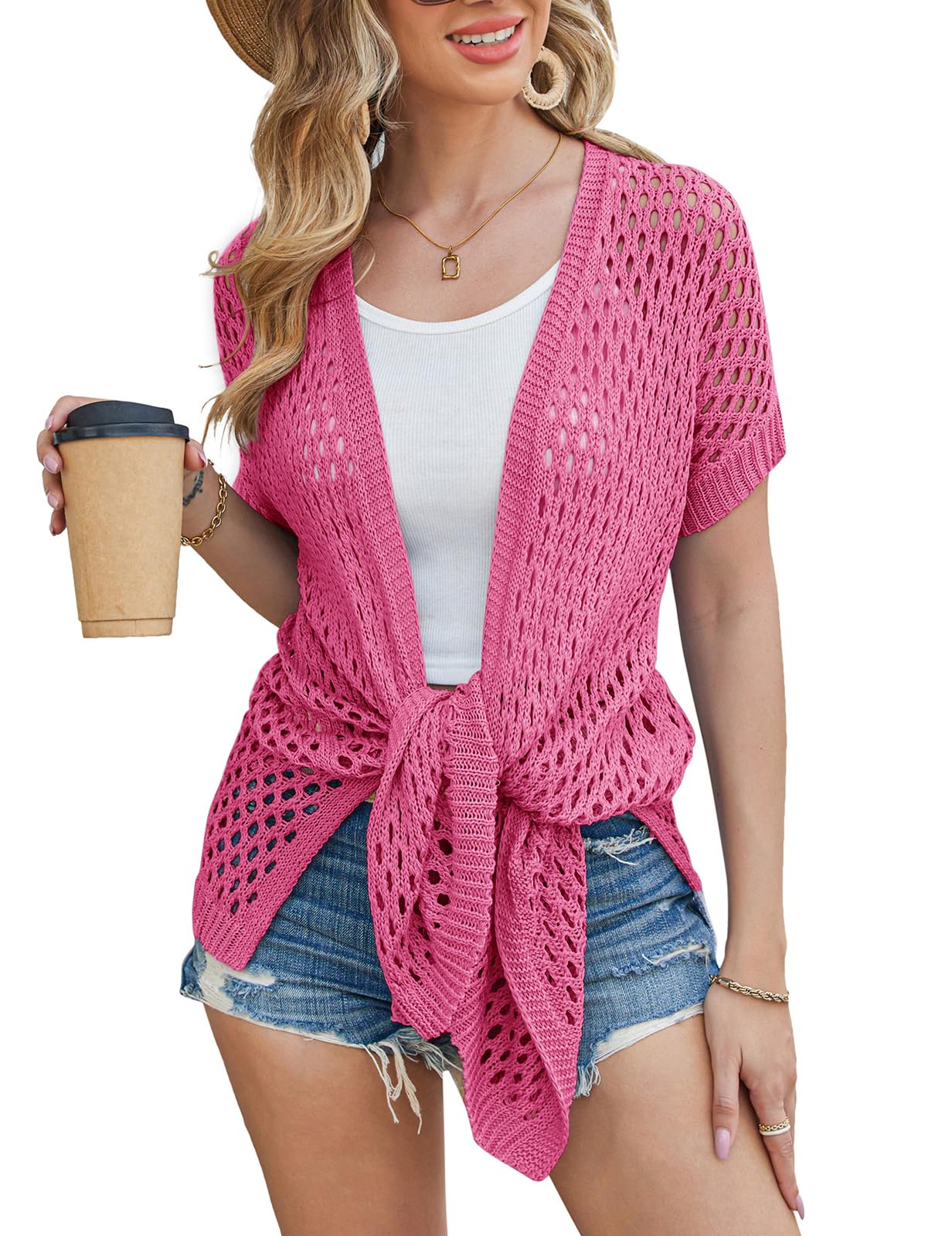Grace Karinmesh Cardigan Sweaters For Women Crochet Short Sleeve