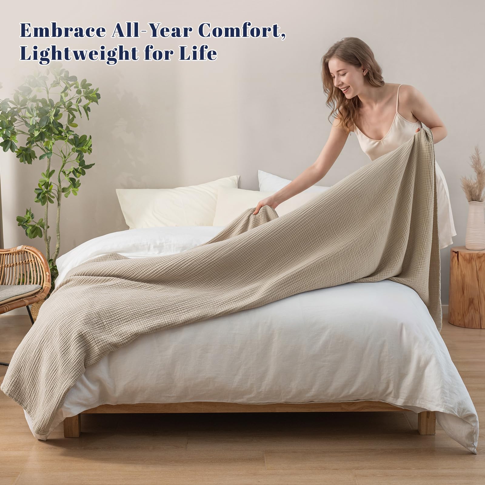 PHF Couverture en Mousseline 100% Coton pour lit Simple, 167,6 x 228,6 cm, légère et Respirante à 4 Couches, légère et Respirante pour l'été, literie en Gaze luxueusement Douce pour lit, Style
