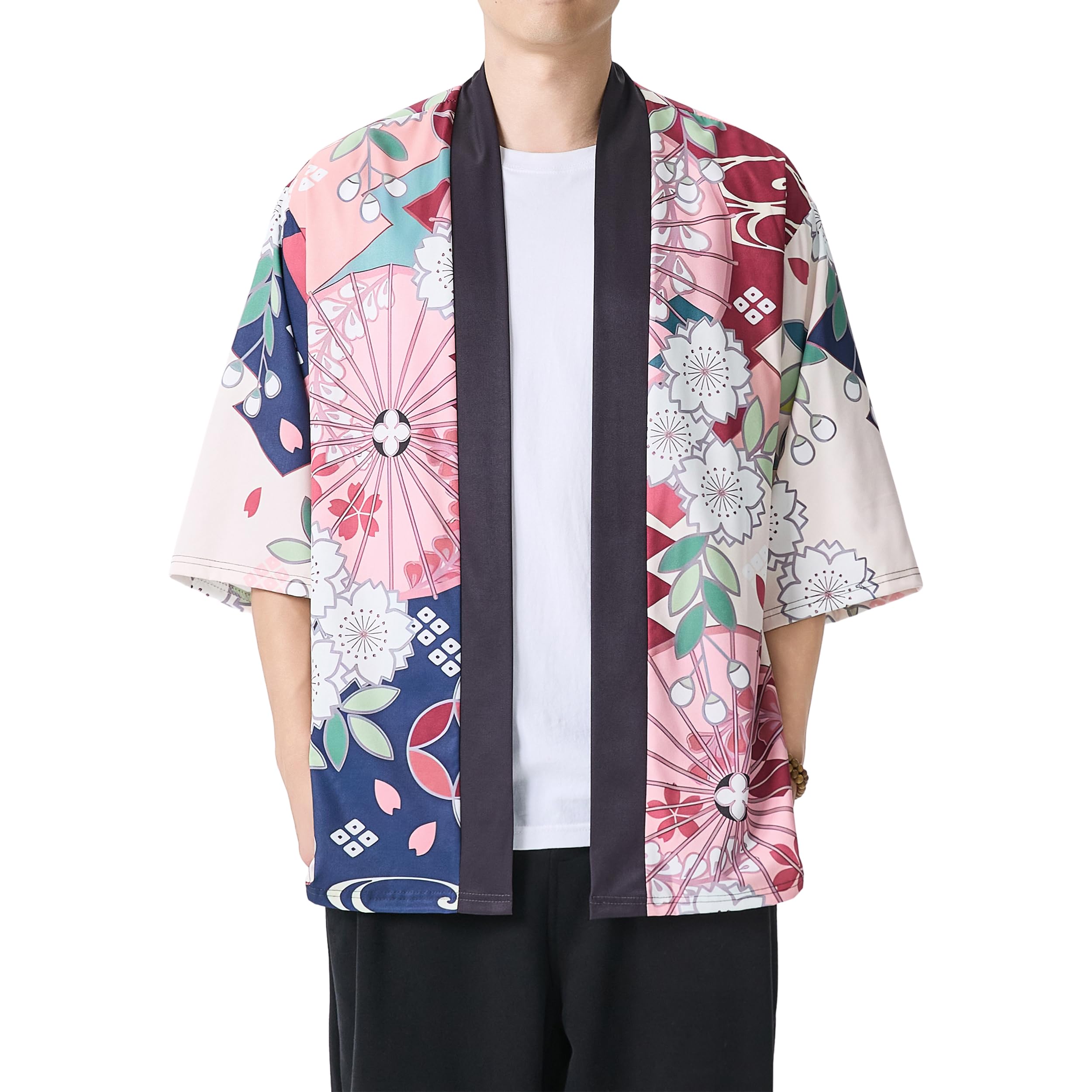 Men's Kimono Jacket Lightweight 3/4 Sleeve Kimono Cardigan Japanese Robe