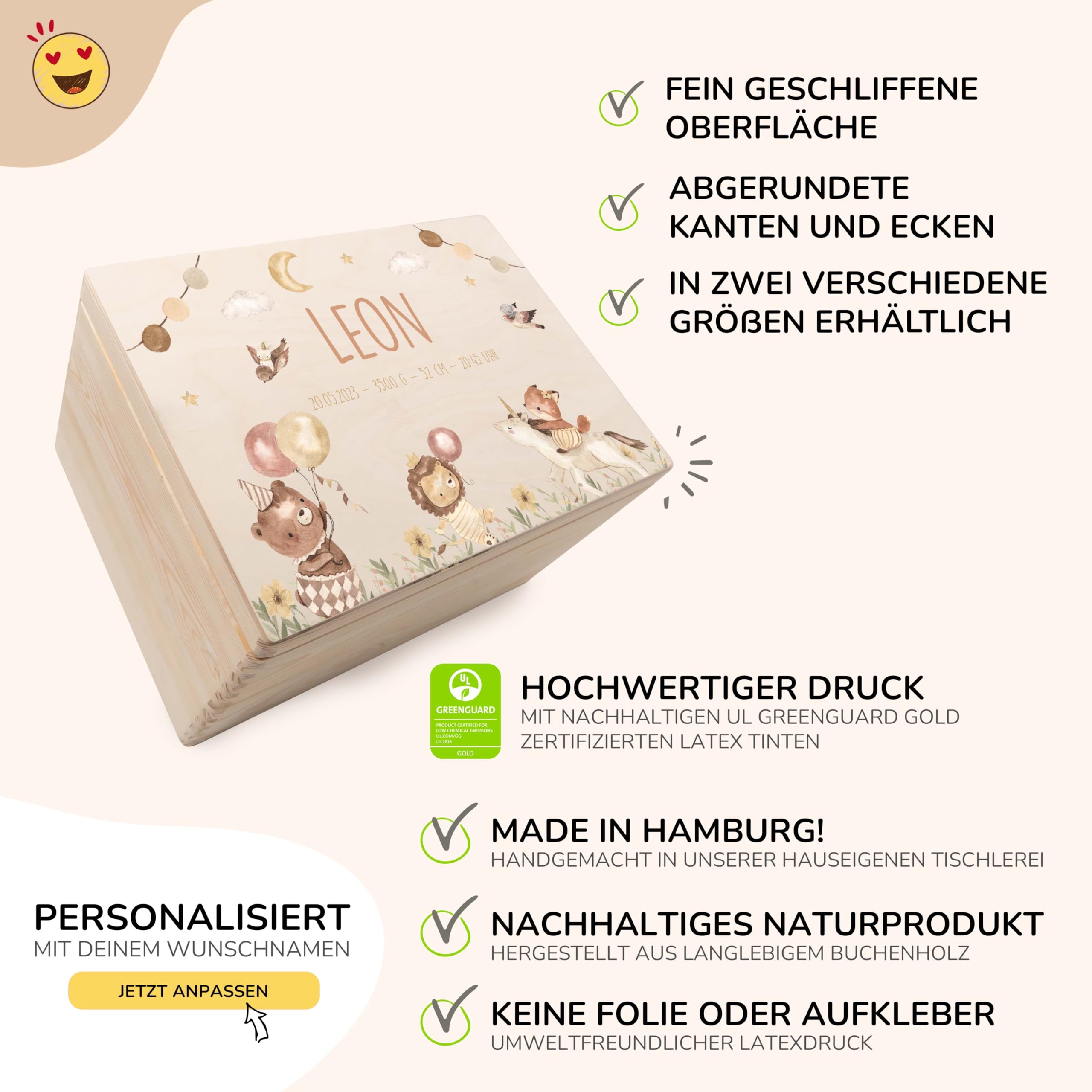 KIDSMOOD - Erinnerungsbox Baby, personalisierte Holzkiste mit Deckel, Ideal zur Aufbewahrung von Erinnerungen und als Geschenk zur Geburt, Taufe oder als Geburtstagsgeschenk für Mädchen und Jungen