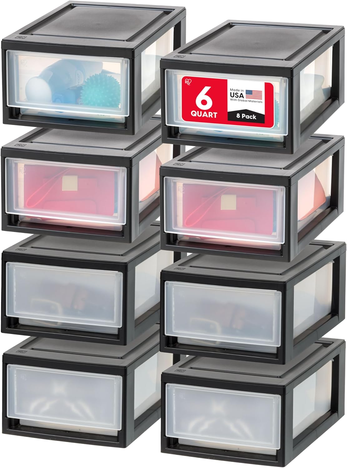 IRIS USA 6 Qt. Plastic Drawer Storage Organizer Stacking Drawers, 8-Pack, Stackable Unit with Sliding Drawer for Clothes Bedroom Kitchen Under Sink Pantry Craft Room Bathroom Dorm Office, Black 6 Qt. - 8 Pack Black