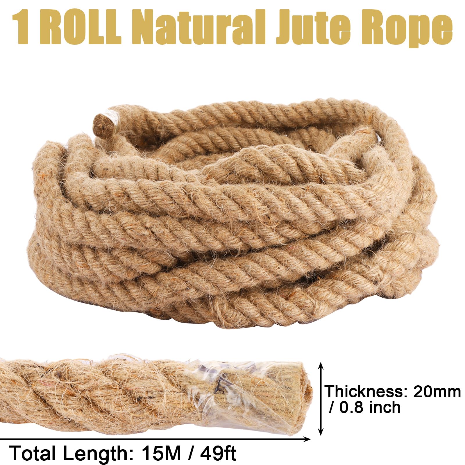 Cuerda de yute natural de 20 mm, cuerda de cáñamo gruesa trenzada de 15 m | Cuerda de yute resistente de 4 hebras para terrazas, jardinería, agrupación, camping, decoración de barcos