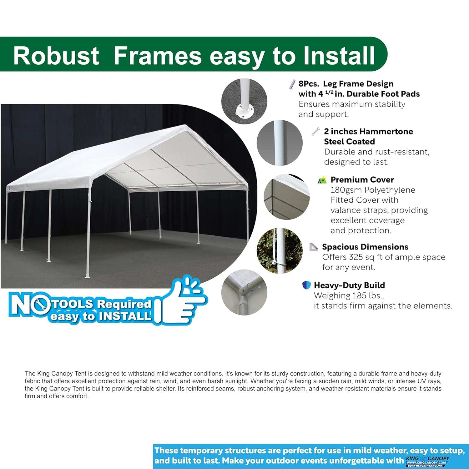 King Canopy Hercules 18-Feet by 20-Feet, 2-Inch Hammertone Steel Frame w/Buttons, 8-Leg, Carport, White
