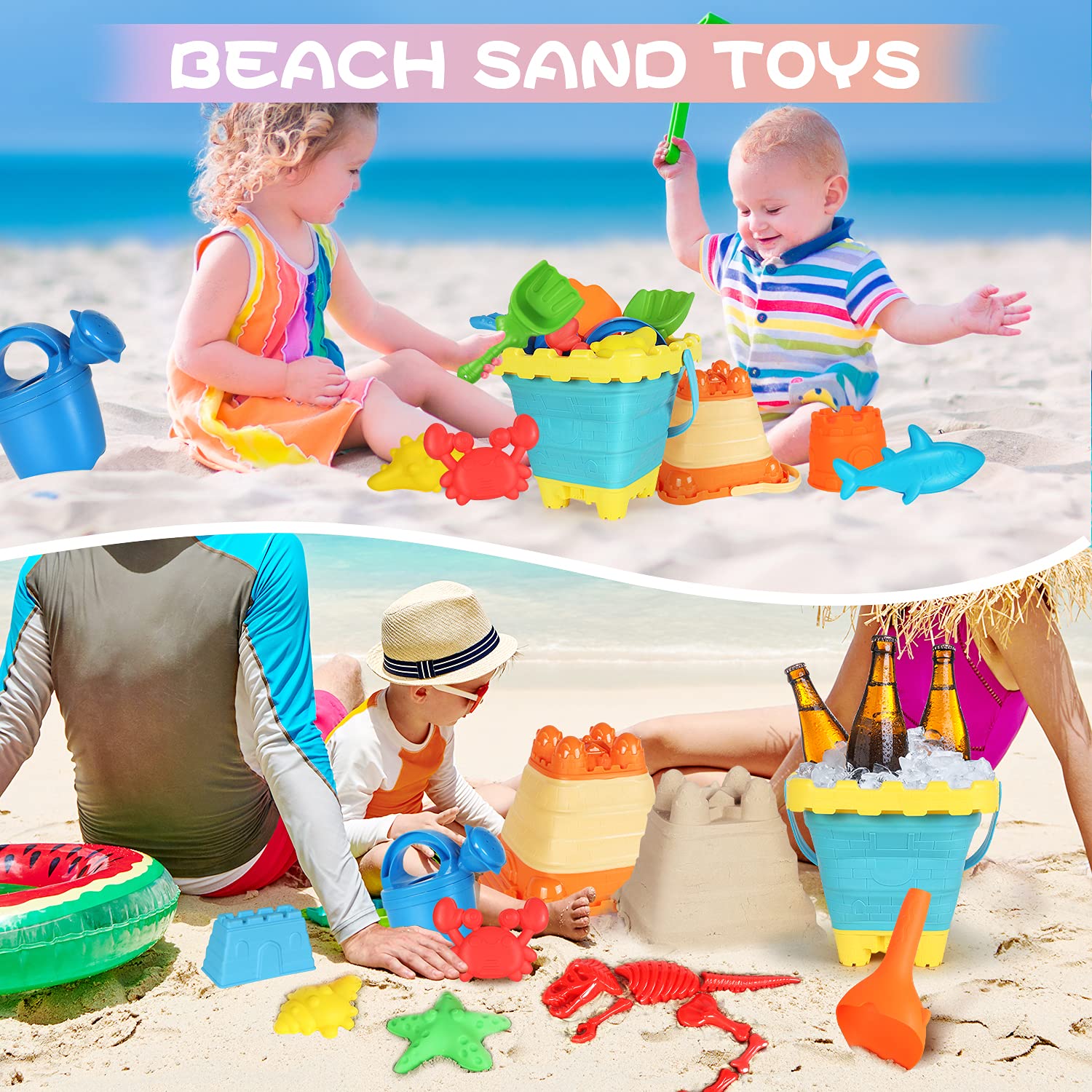 Elovien Beach Sand Toys Set, 24PCS Sandbox Toys with Mesh Backpack Bag Included 2 Foldable Buckets Pails, Sand Molds, Shovels, Rakes and Watering Can, Summer Outdoor Toys for Kids Toddlers Boys Girls