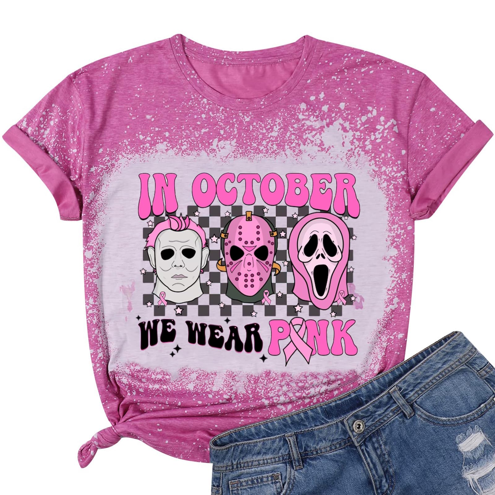 OJLPHHBreast Cancer Shirts Women Halloween Shirt Pink Ribbon Breast Cancer Awareness T-Shirts Novelty Graphic Short Sleeve Tops