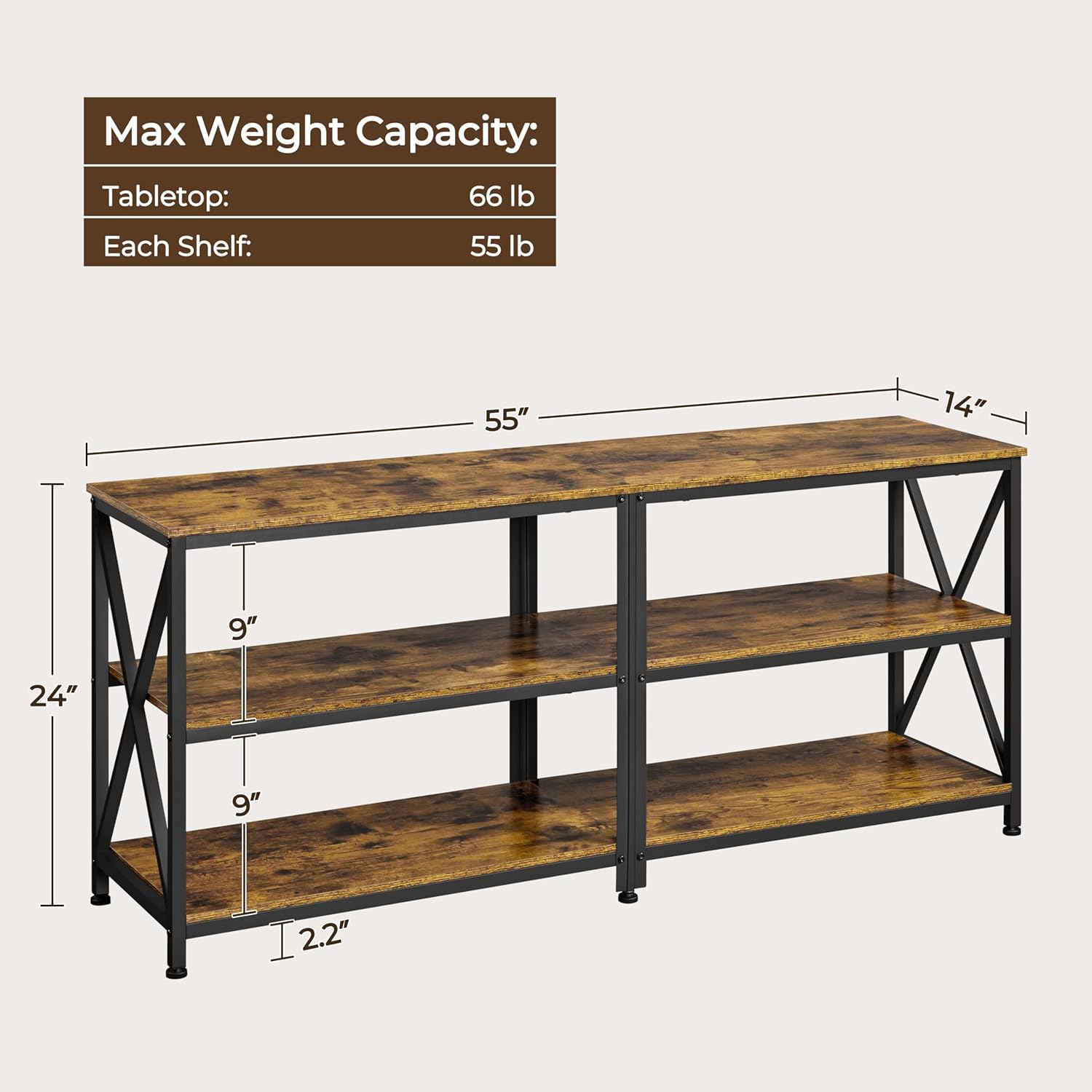Diagram showing the dimensions of the console table: 55 inches wide, 14 inches deep, 24 inches high, with 9 inches between shelves. Also lists maximum weight capacities: 66 lbs for tabletop, 55 lbs for each shelf.