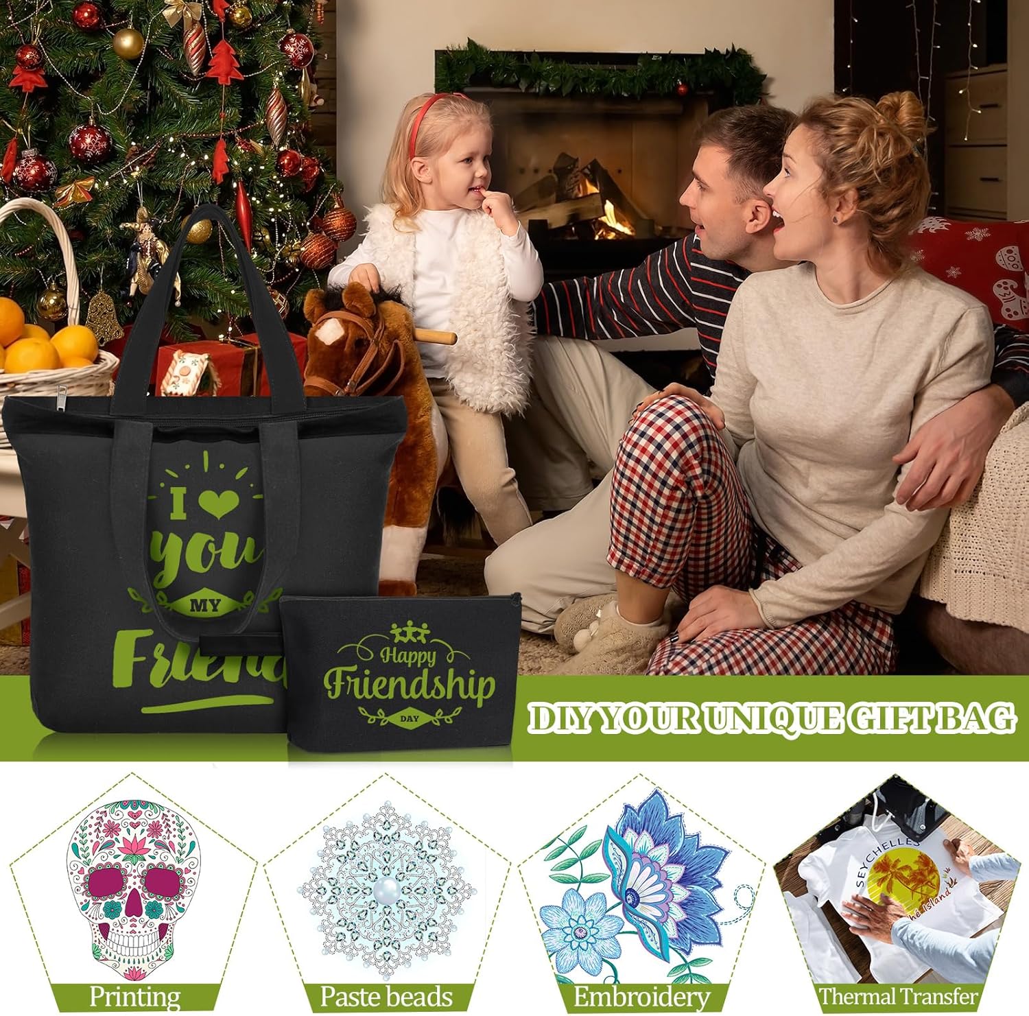 Silkfly Tote Bag with Zipper, Cotton Canvas Makeup Bag Kitchen Reusable Grocery Pouch Blank Canvas Totes with Handles - Image 7