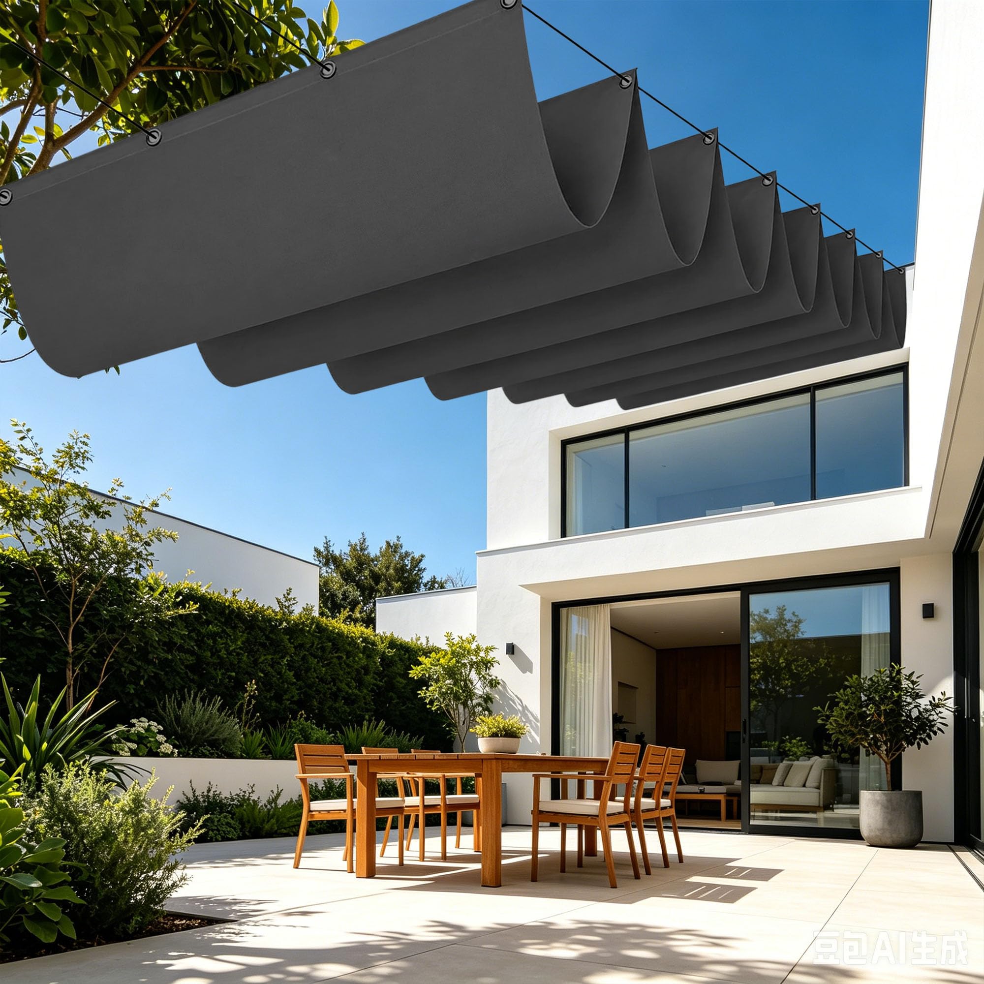 Voile d'ombrage jardin et terrasse rétractable gris foncé pour repas en plein air