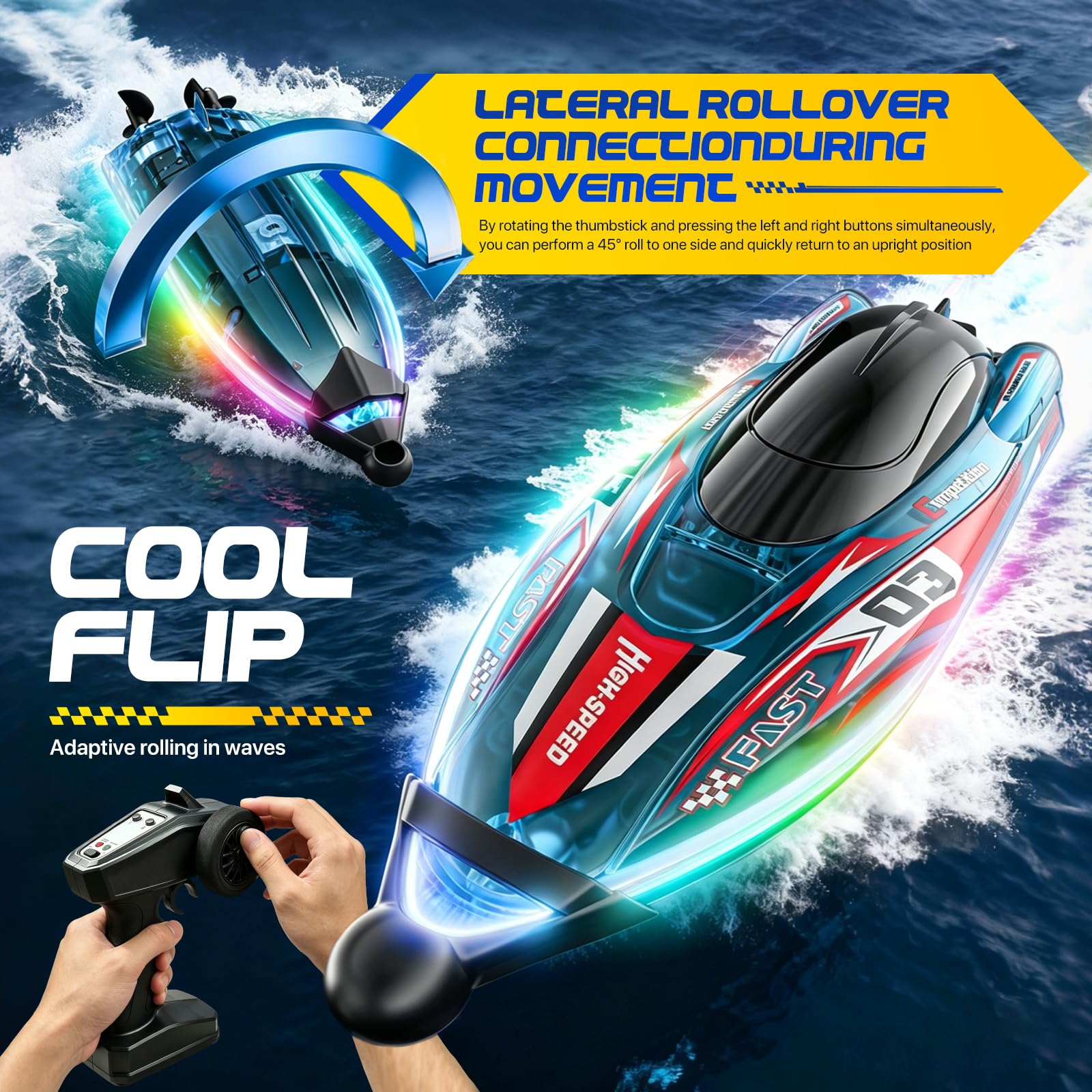Ferngesteuertes Boot Ultraschnelles 30Km/H, Bürstenloser Motor 360° Automatische Selbstzentrierung Rc Boot Mit Led-Lichtern,Stoßfest Wasserdicht 2,4 Ghz U Speedboot Ferngesteuert Für Pool See