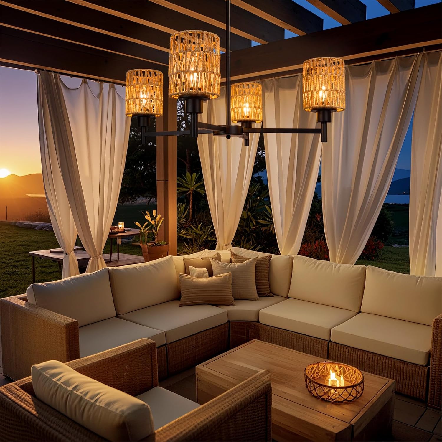 Outdoor Solar Chandelier, 4-Light 28" Hanging Pendant Lights, Rattan Waterproof Dimmable, Outdoor Chandelier for Gazebo, Pergola, Porch, Patio