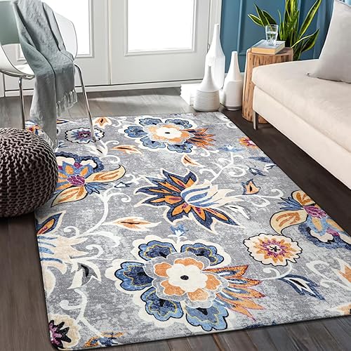 Lahome Floral Washable Carpet for Living Room - 3x5 Non-Slip Lightweight Kitchen Rugs, Throw Soft Small Area Rug for Bedroom Grey Paisley Print Aesthetic Rug for Entryway Bathroom Laundry Room Office