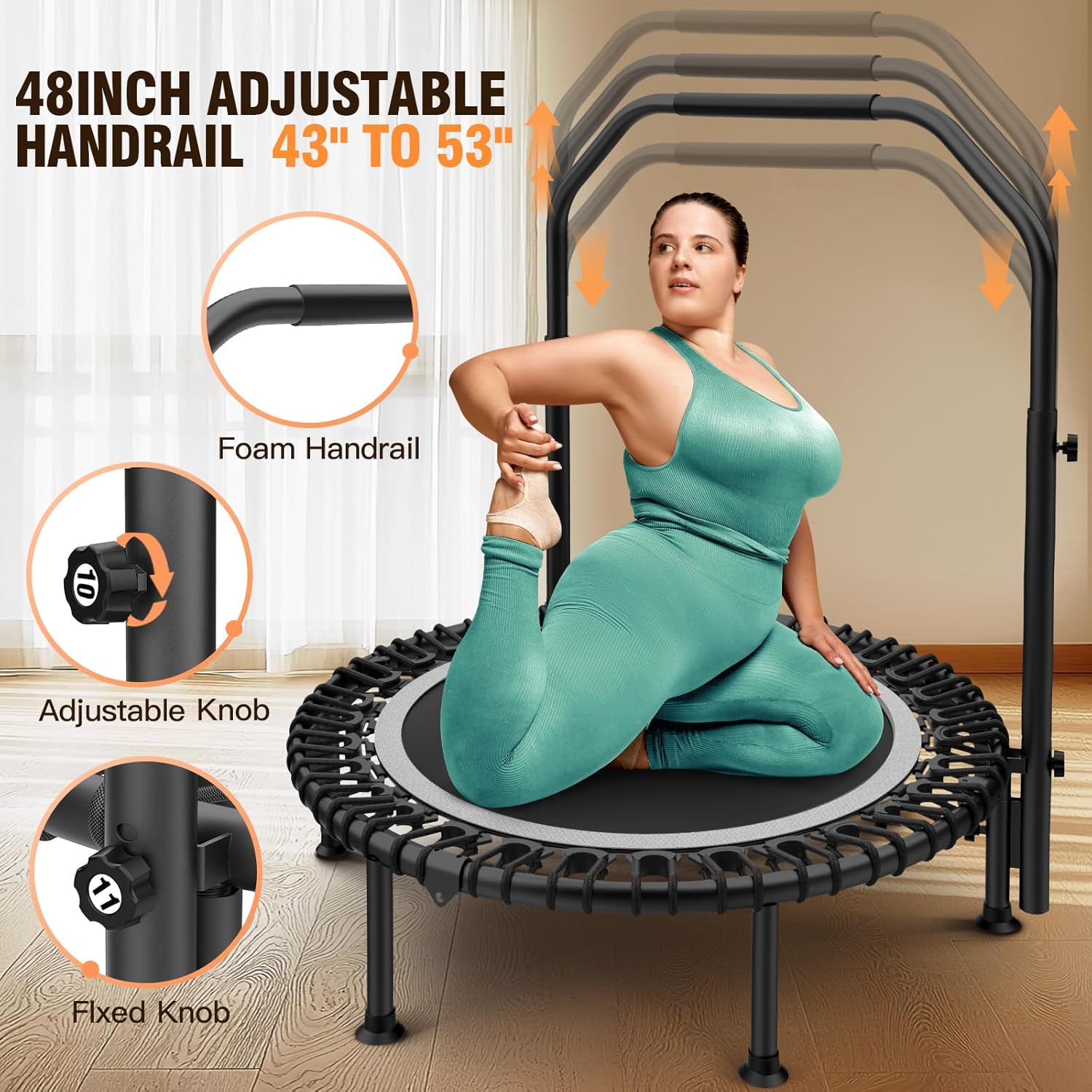 ANCHEER 40"/48" Foldable Mini Trampoline,Max Load 450lbs/550lbs Indoor Trampoline,with 4 Level Adjustable Foam Handle and Resistance Bands,Adult Exercise Trampoline for Home, Garden, and Gym Silver 48 inch