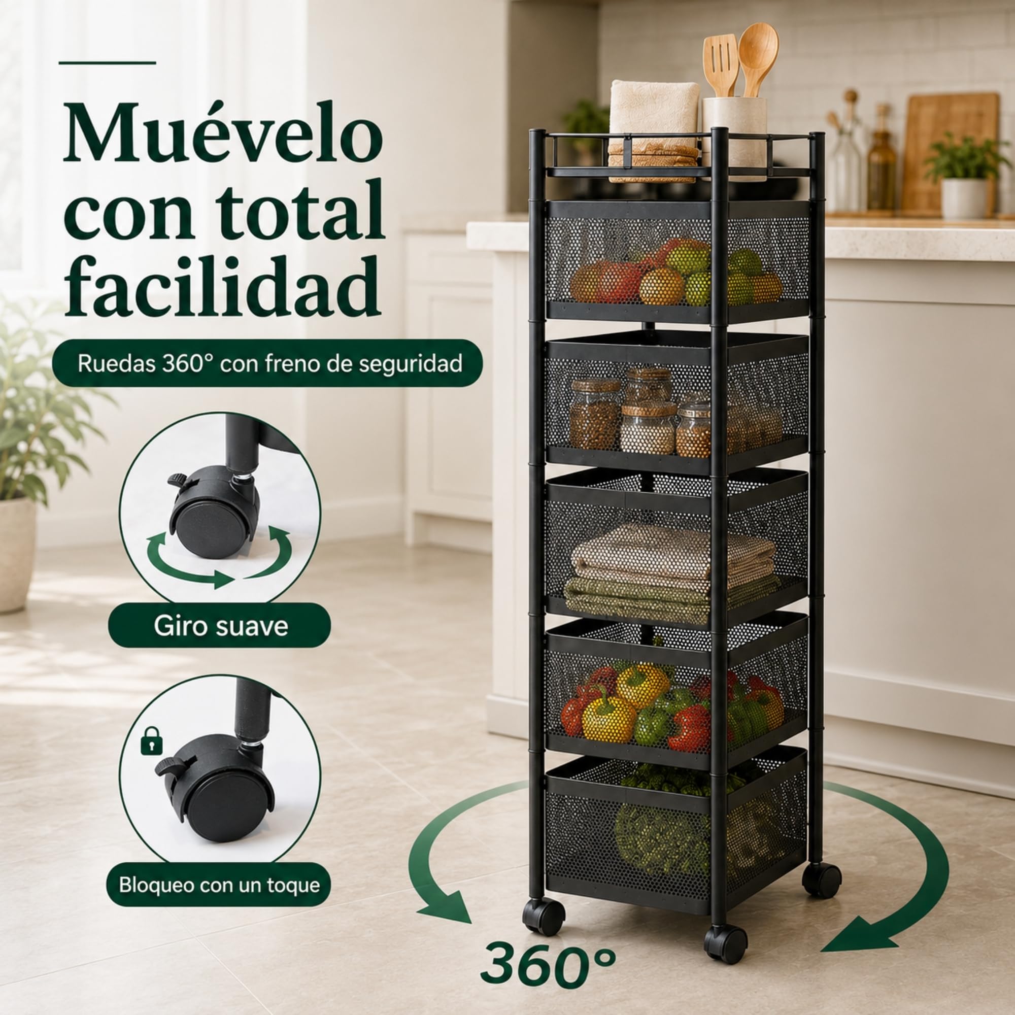 UZIRO Carrito Auxiliar con Ruedas, Verdulero Cocina 90 x 27 x 27 cm con 5 Cestas Giratorias, Ruedas 360° con Bloqueo, Capacidad de Carga de 75 kg, Carrito Organizador, Frutero con Ruedas