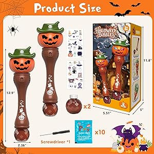 Halloween Pumpkin Bubble Wand for Kids - 2 Pack Automatic Bubble Machine Blower Toys for Toddlers 3-8 with LED Lights, Music Function, DIY Stickers,10 Refill Solutions, Halloween Party Favors Gifts