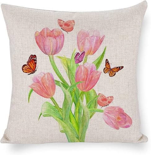 Miniatura 3 de LOHDALOLF Juego de 4 fundas de almohada florales rosas de 18 x 18 pulgadas, fundas de almohada de mariposa de tulipán, fundas de cojín decorativas