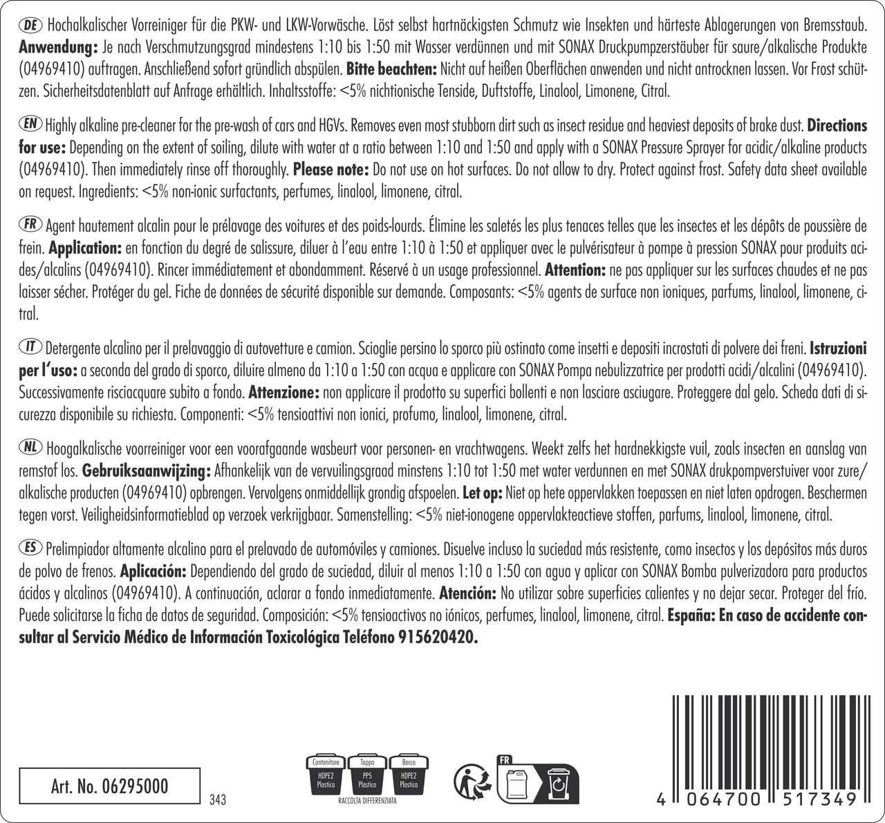 SONAX PROFILINE Multiclean Alkaline (5 Litri) predetergente Altamente alcalino per Il prelavaggio di Auto e Camion | Art. N. 06295000