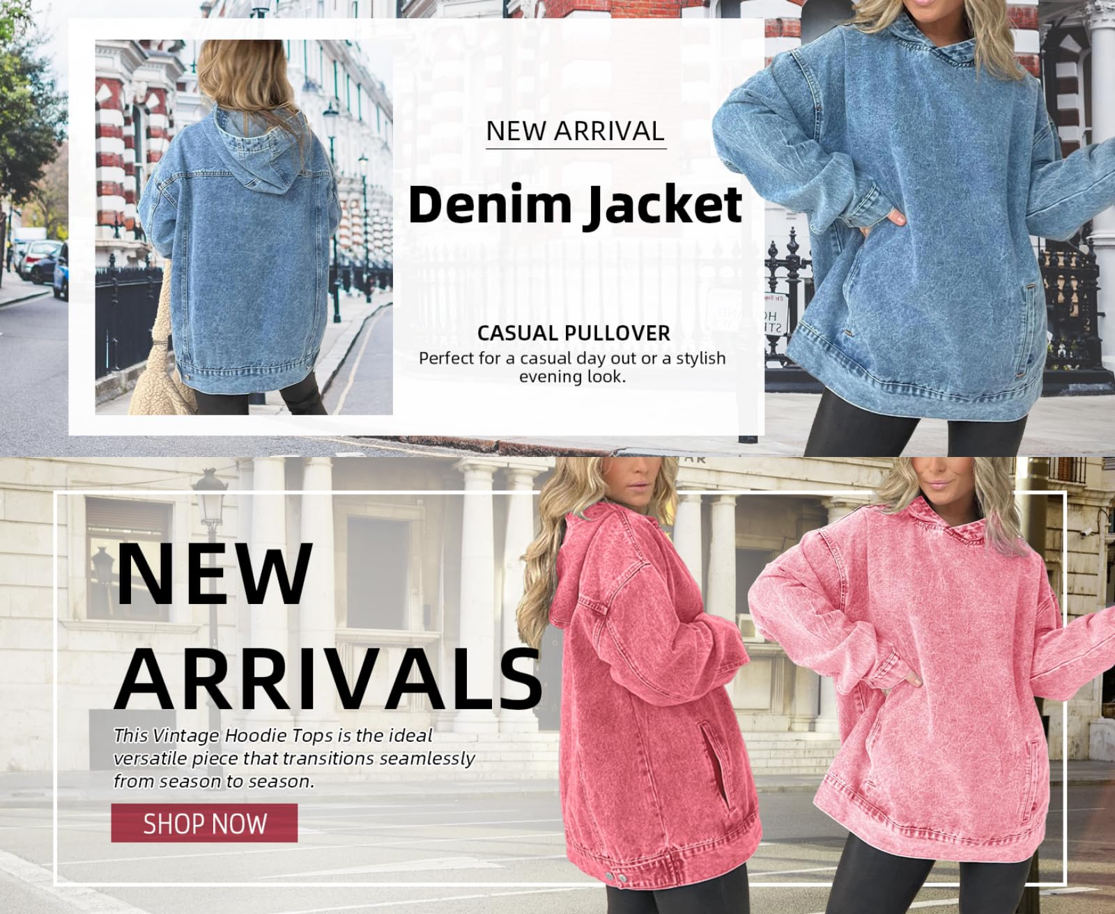 Dżinsowa bluza z kapturem z kieszeniami przednimi, damska dżinsowa bluza z kapturem, kurtka dżinsowa, damska bluza oversize z kapturem dżinsowa