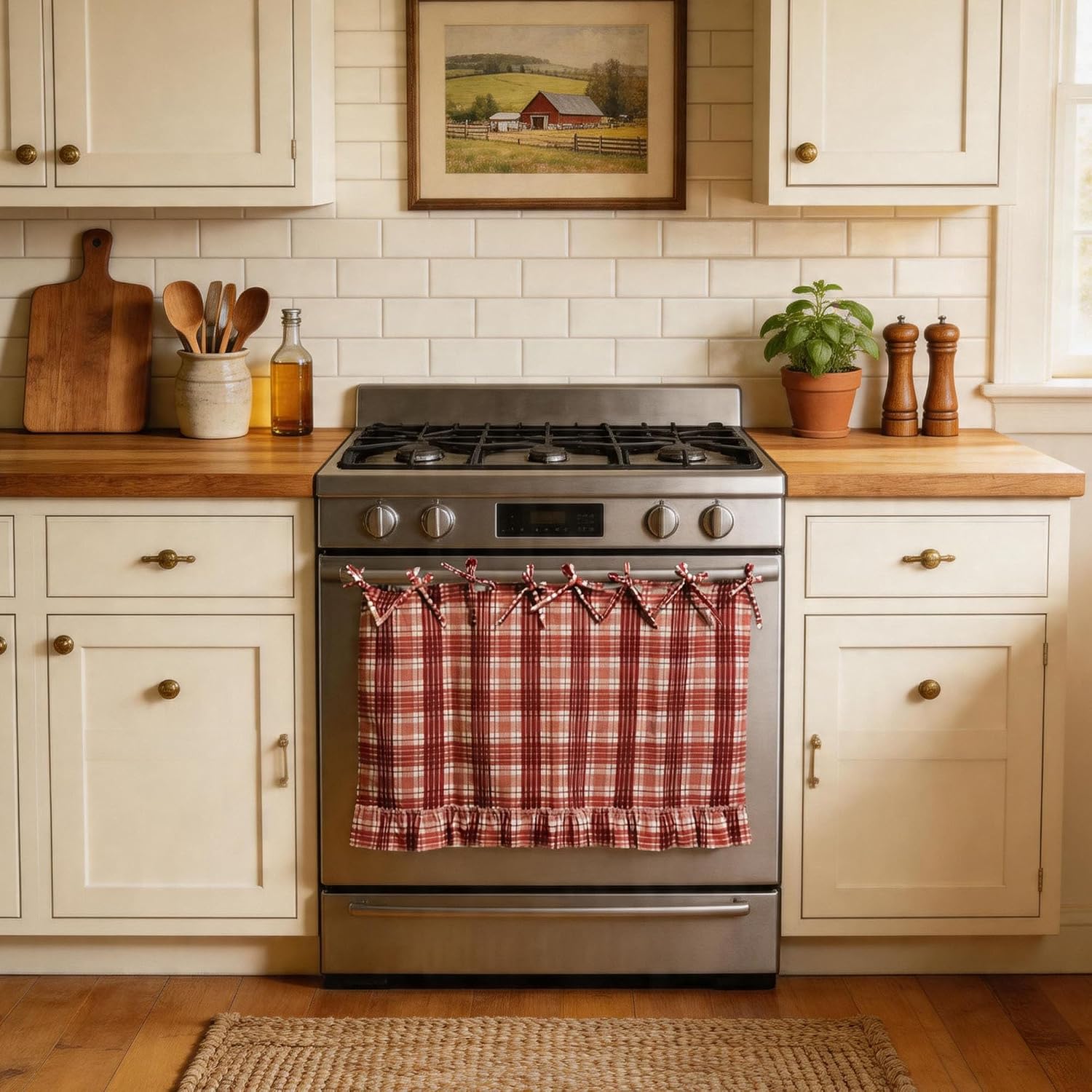 Handmade Oven Skirts, Farmhouse Oven Door Curtain with Embroidery, Decorative Tie Top Oven Skirt with Ruffled Trim, Heat-Resistant & Effortless Install to Hide Clutter for Dishwasher, Stove (Cherry)