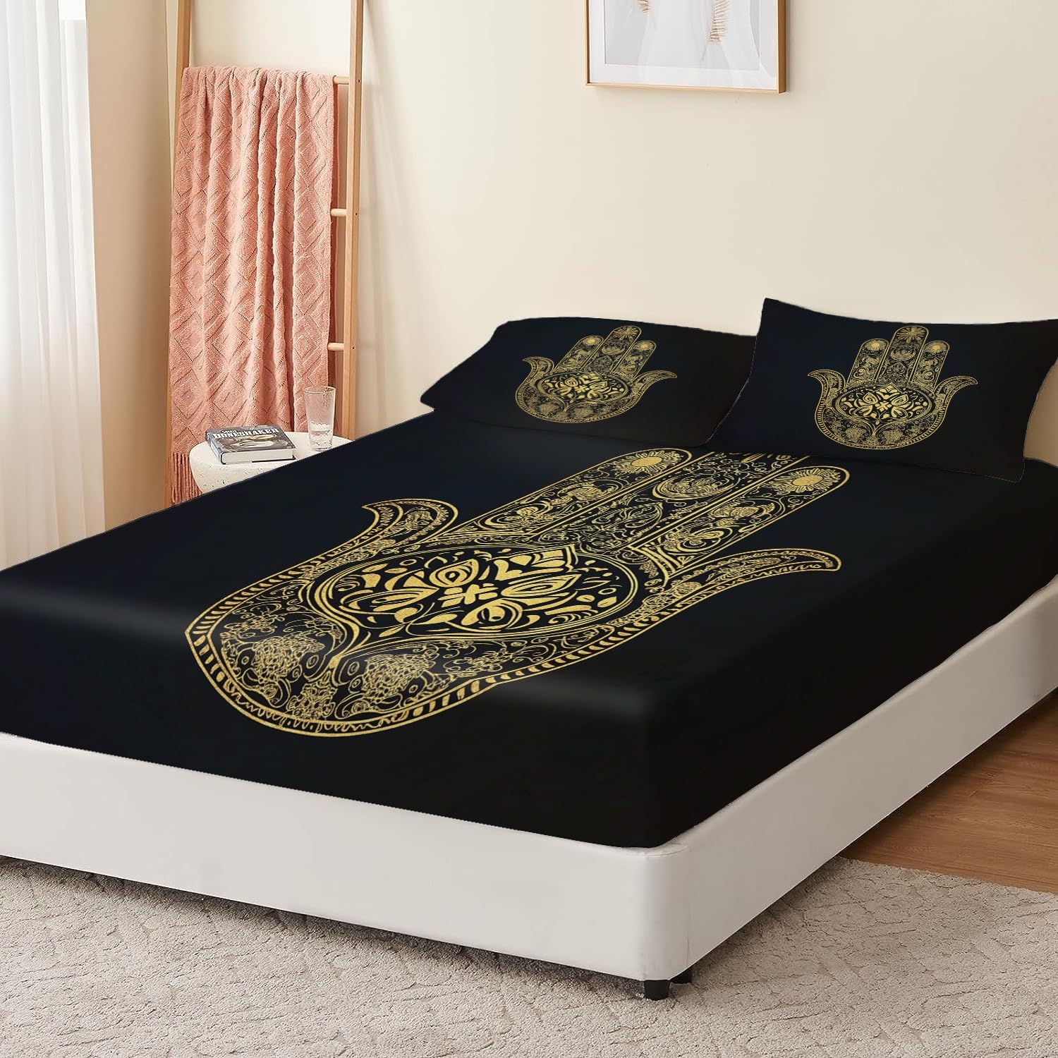 Lenzuolo con angoli 3 pezzi stampato 160 x 202 cm Motivo floreale oro Lenzuolo con angoli extra profondo Oro Lenzuola con angoli con federe in microfibra spazzolata