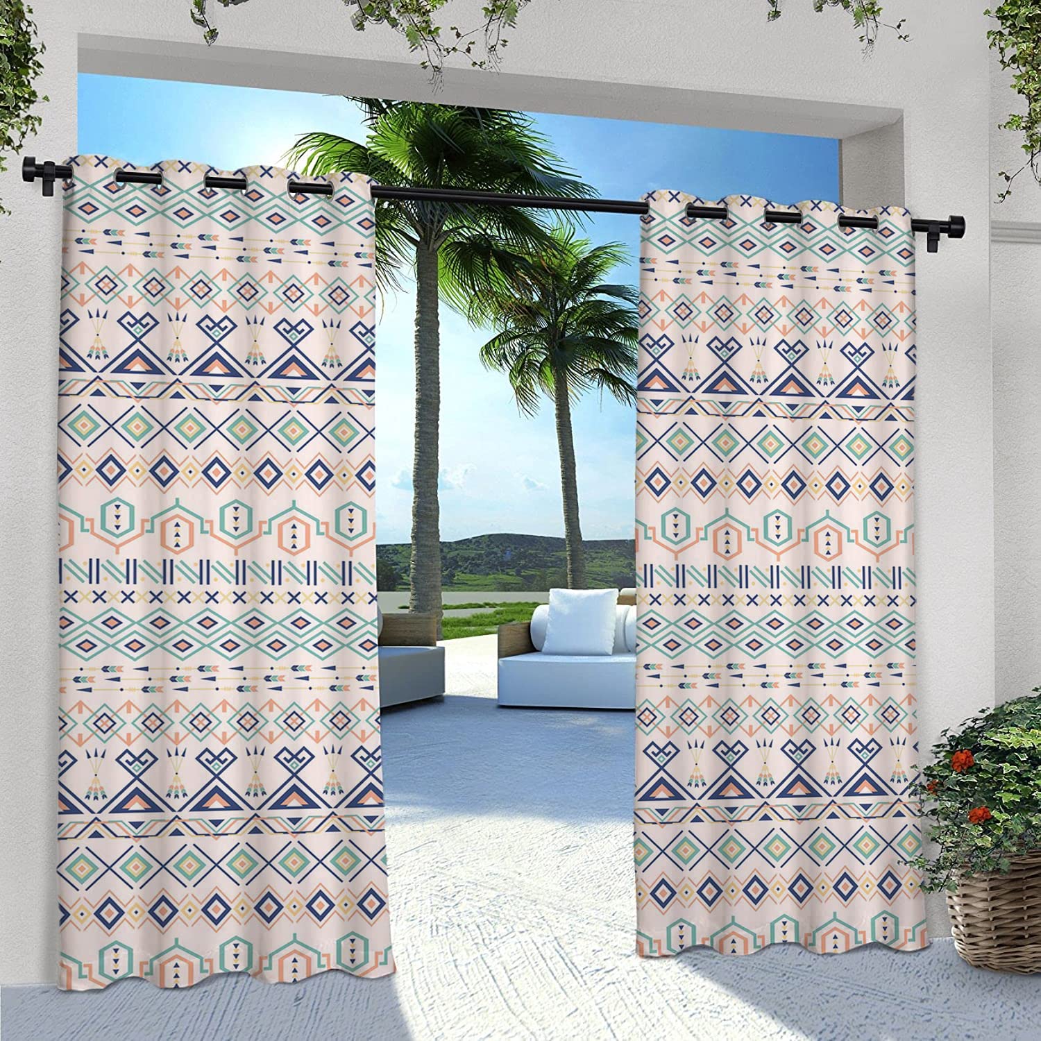 Geometric Outdoor Patio Curtains Waterproof Aztec Motifs Triangles Squares Artful Folk Inspiration Tribal Image Decorative for Front Porch, Pergola, Sun Blocking Privacy Curtain, Mint Dark Blue Peach